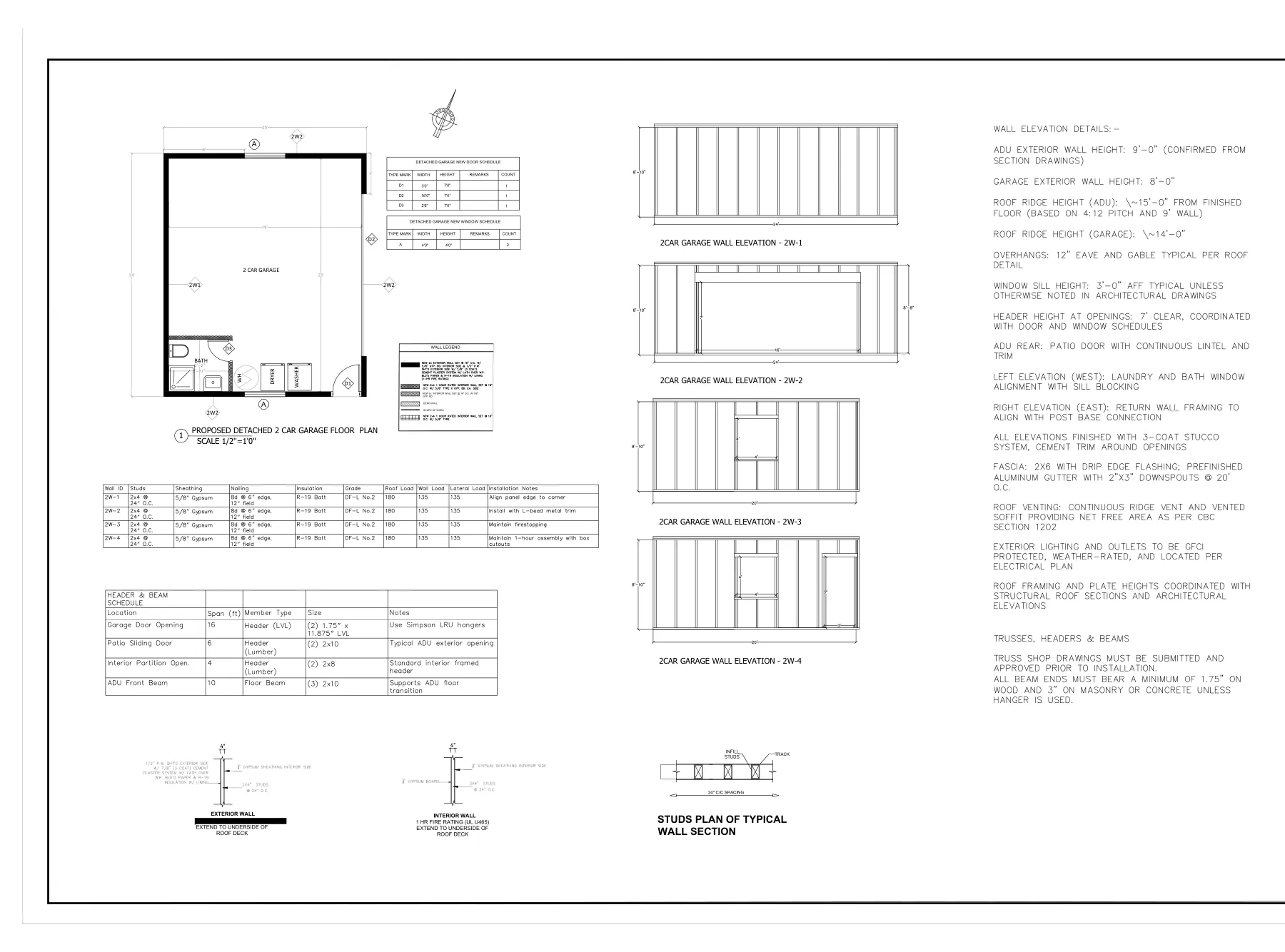 ADU with New Detached Garage - 2-car garage wall details · 6