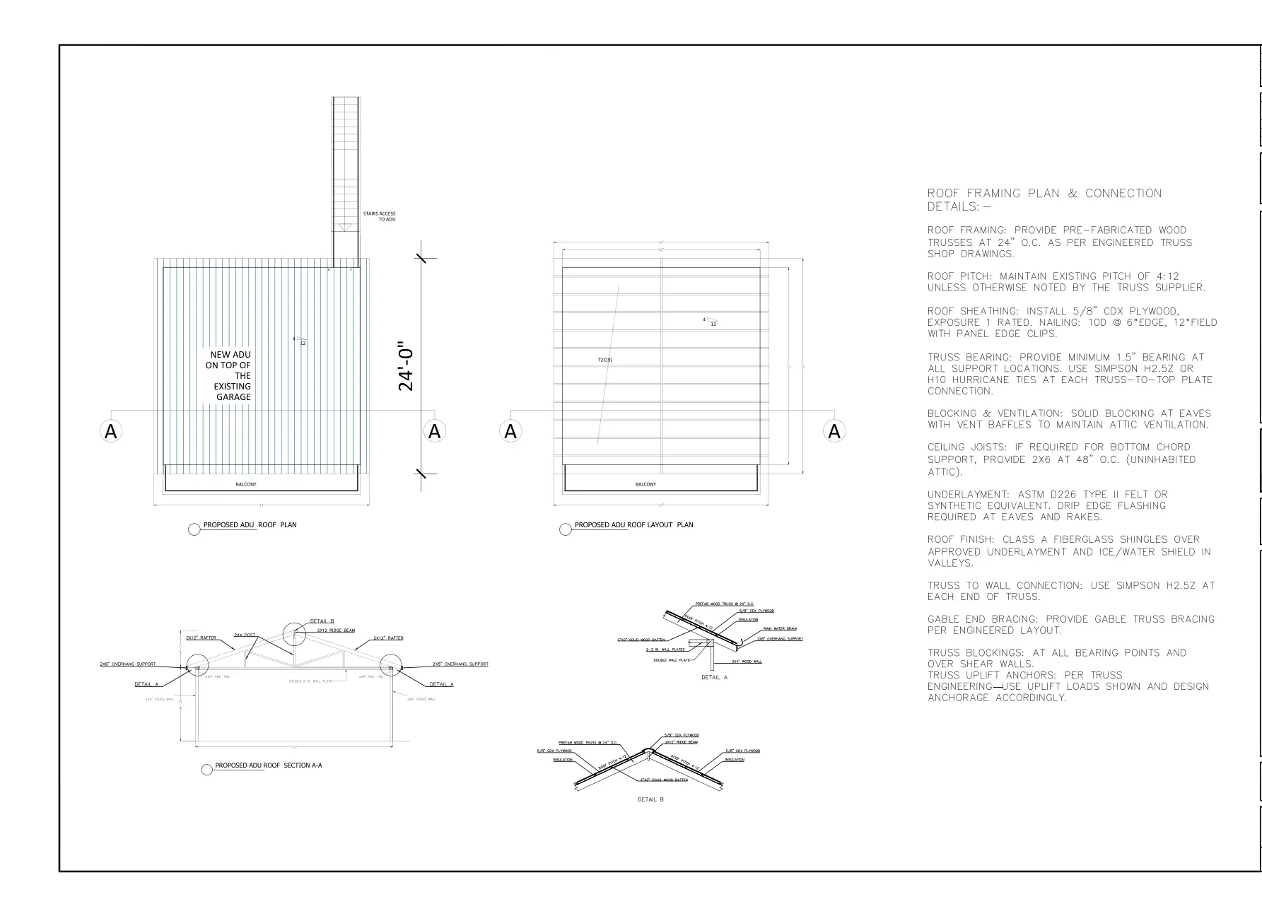 Attached ADU Above Existing Garage - ADU roof plan · S-4
