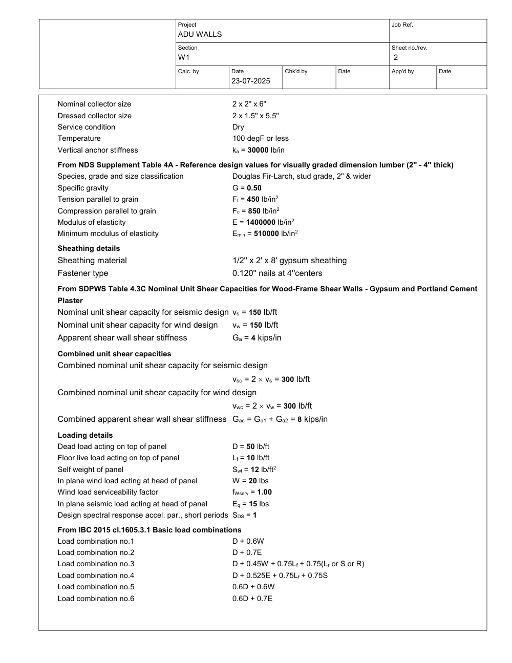 Attached ADU Above Existing Garage - Calculation sheet (Tekla Tedds)