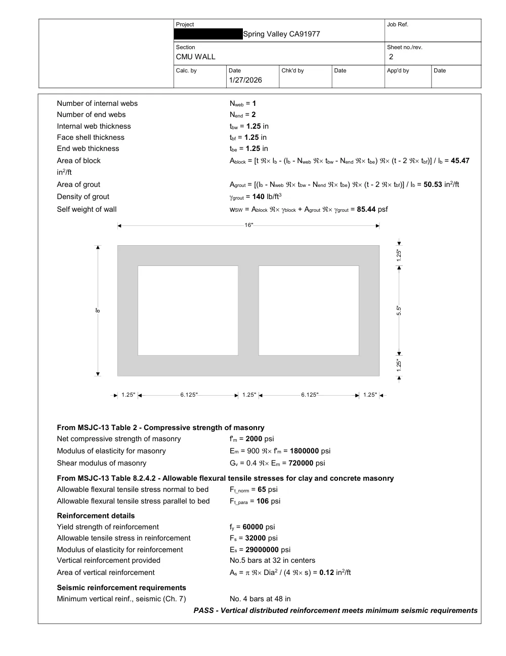 Campus Storage Building with CMU Wall - Calculation sheet · CMU wall (Tekla Tedds)