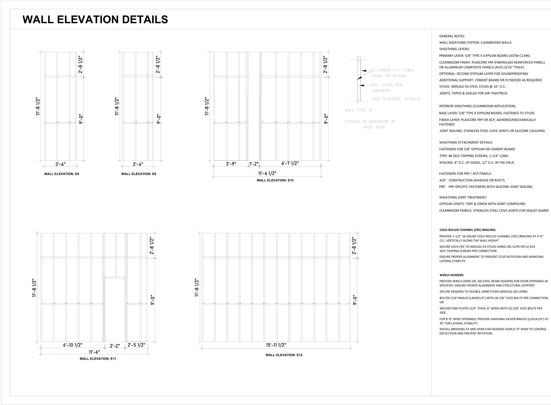 Cleanroom Partition Walls & Steel Door Headers - Wall elevations · A1.3