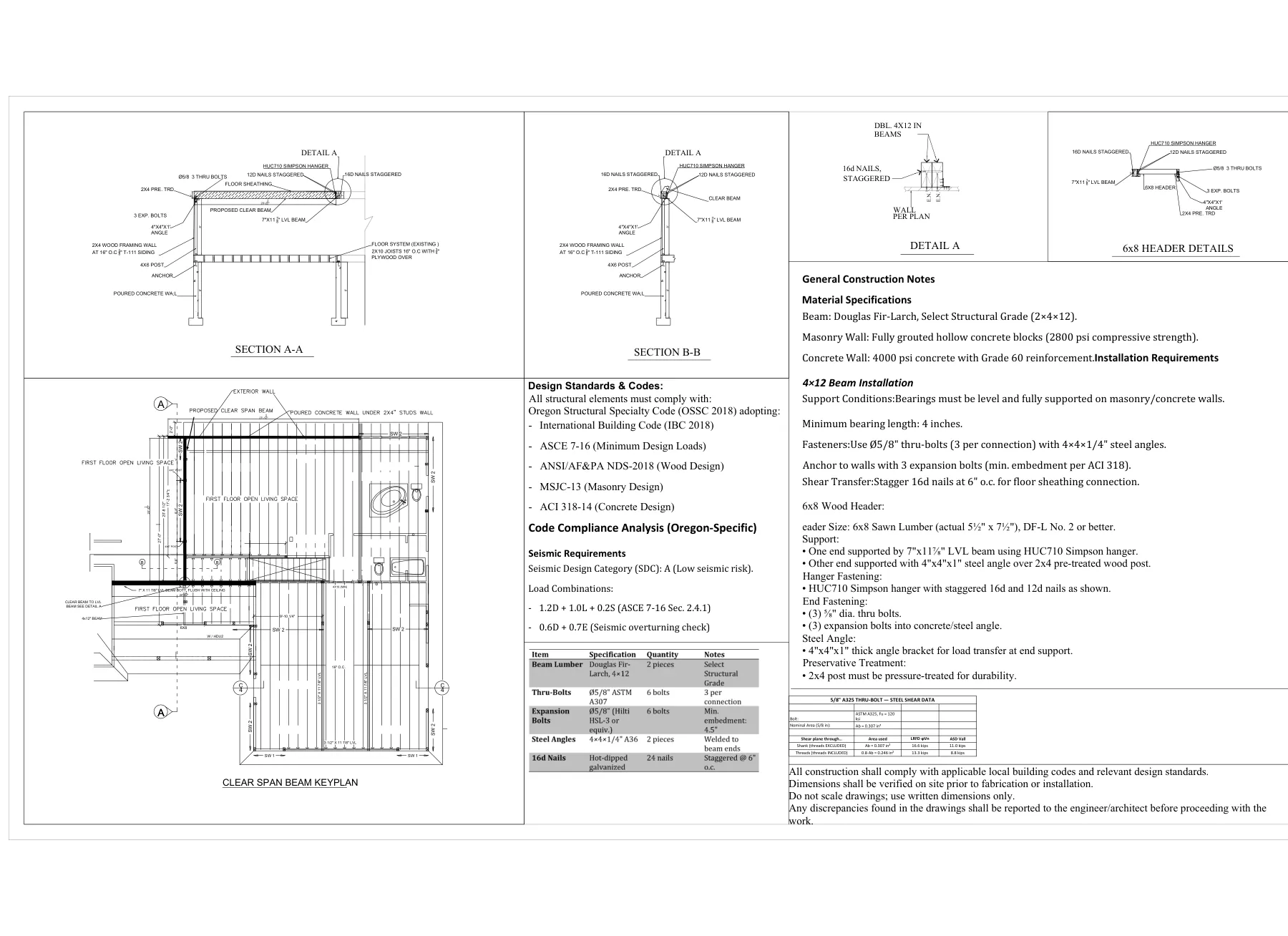 Clear-Span LVL Beam Installation - Clear-span beam keyplan, sections and notes