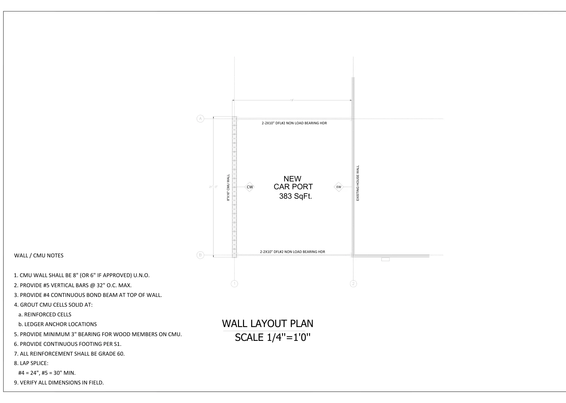 Covered Carport on CMU Footing - Wall layout plan · S2
