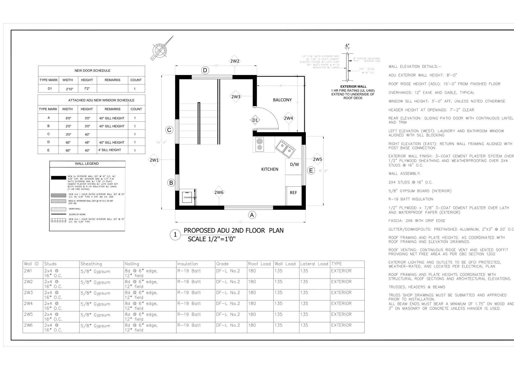Detached Two-Story ADU - 2nd floor wall layout plan with wall schedule · S-2