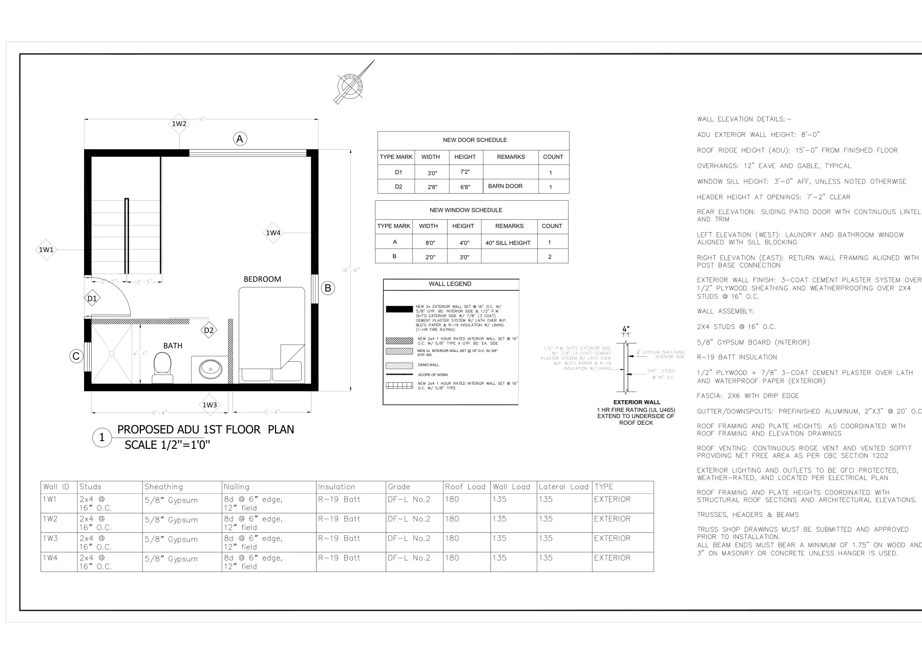Detached Two-Story ADU - 1st floor wall layout plan · S-1