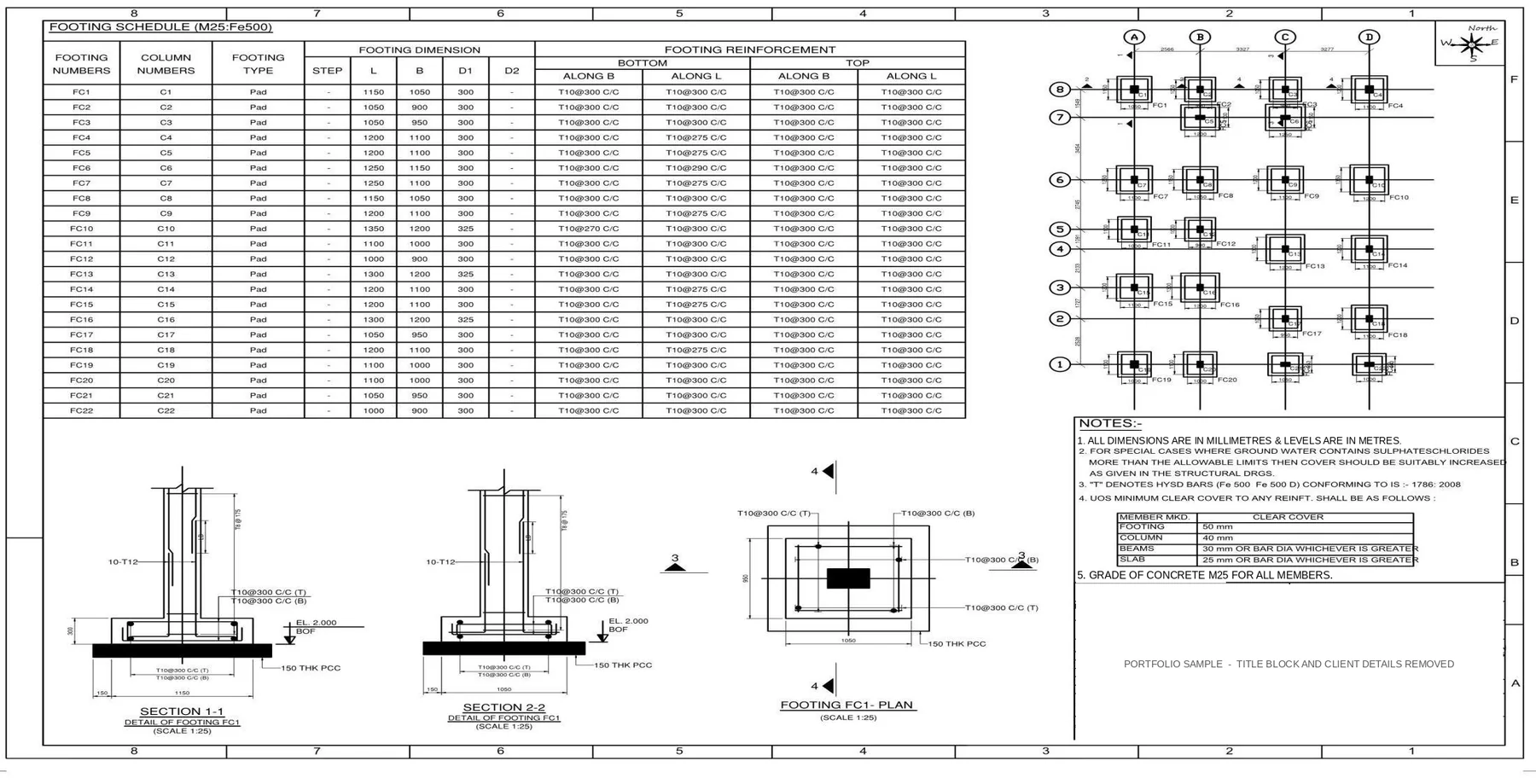 G+1 RCC Residential Building - Footing schedule, layout and sections