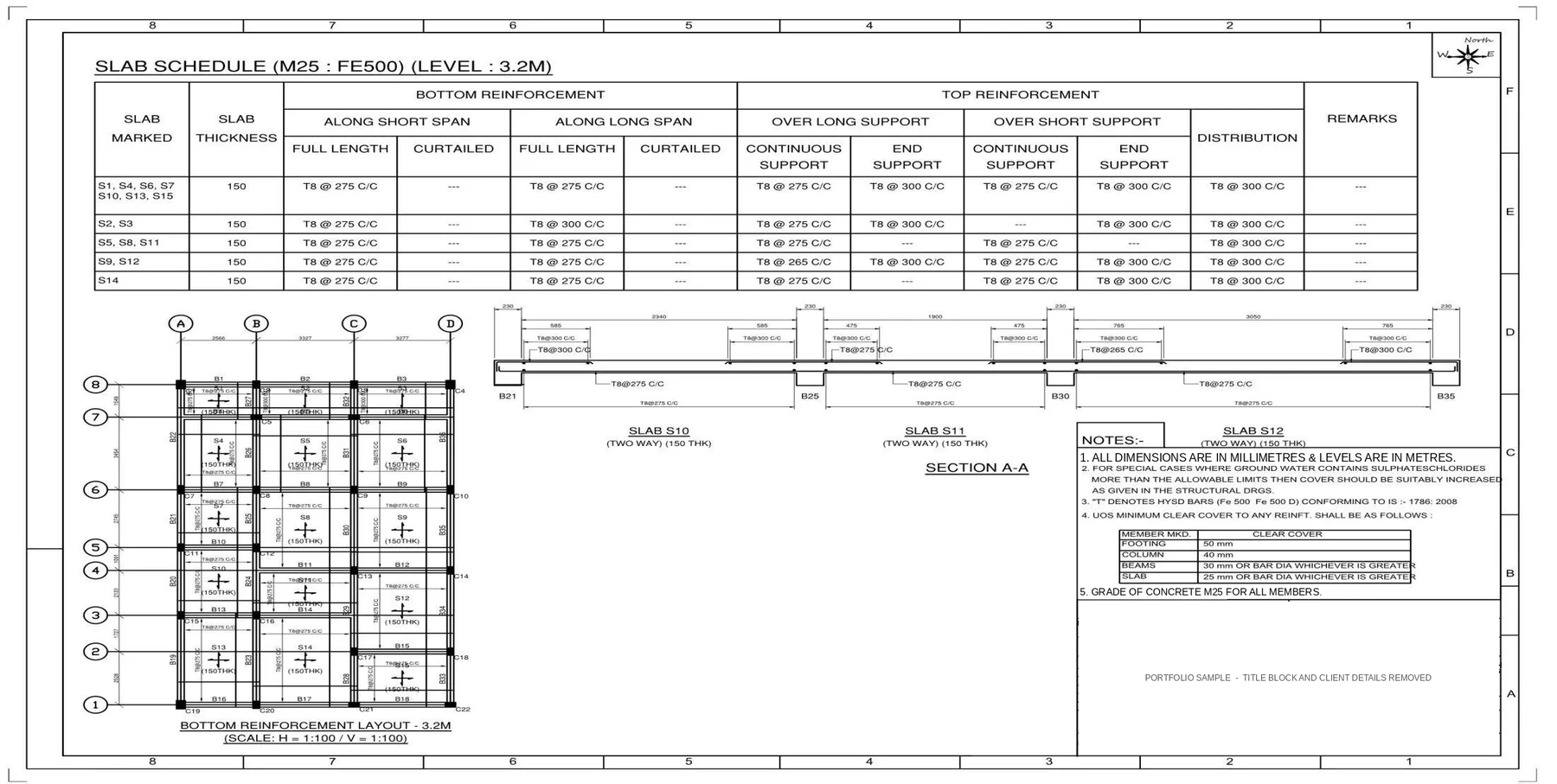 G+1 RCC Residential Building - Slab schedule, bottom-reinforcement layout and section