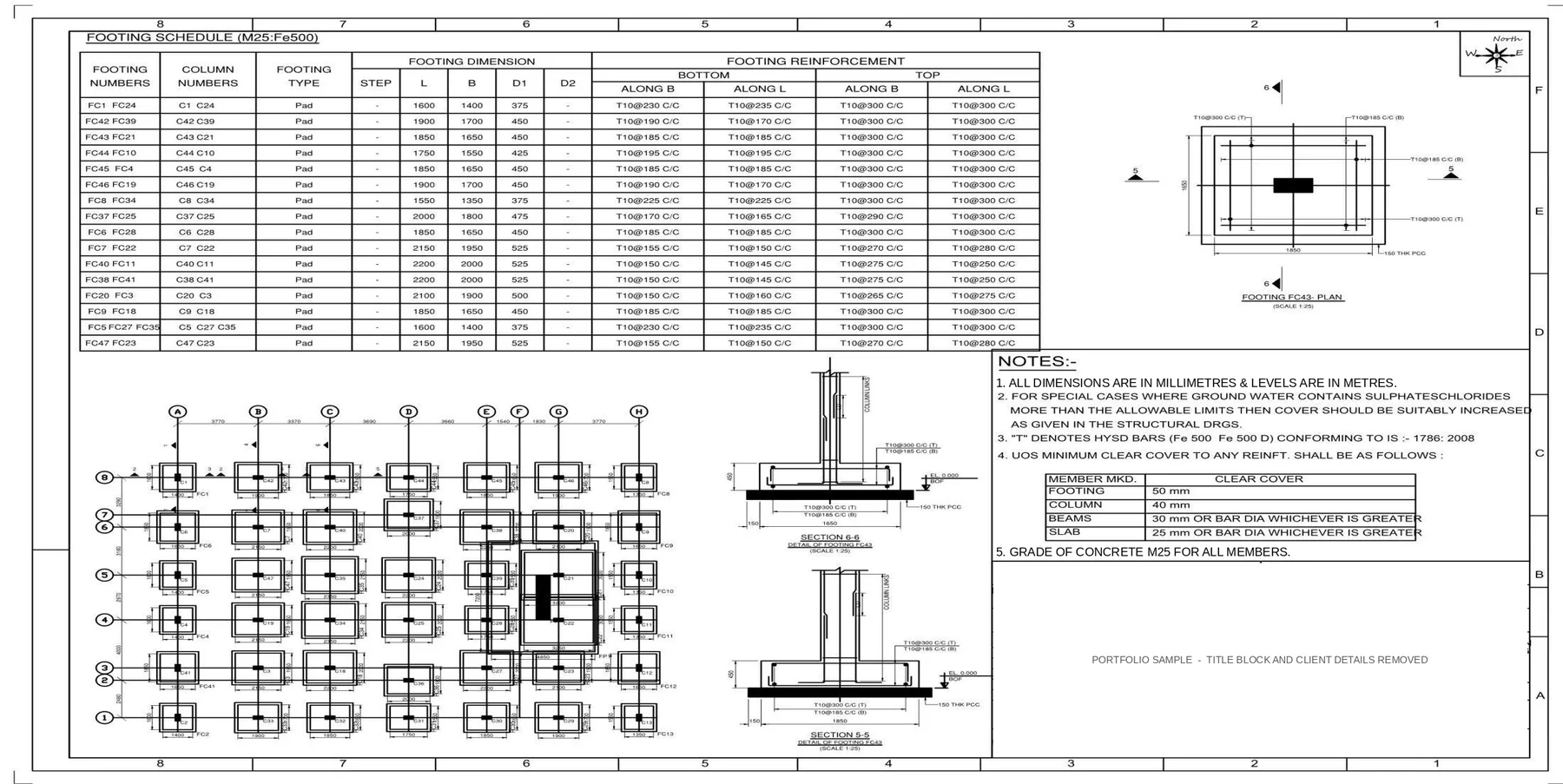 G+3 RCC Apartment Building - Footing schedule, layout and sections