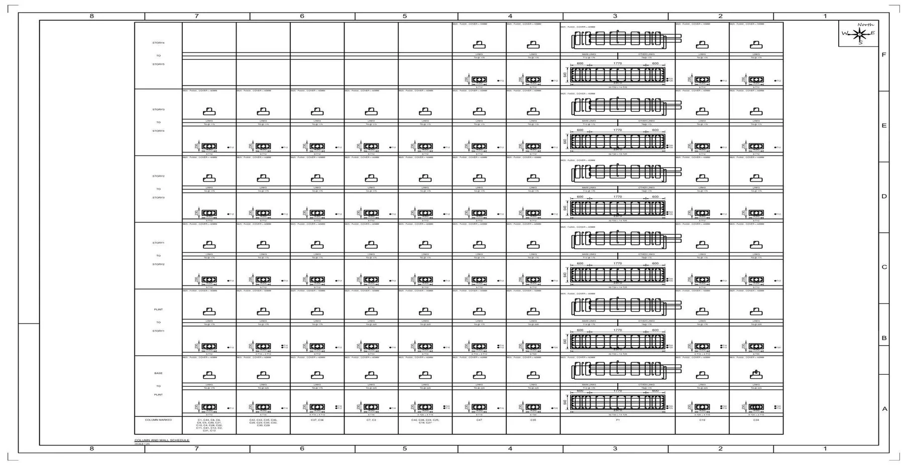 G+3 RCC Apartment Building - Column and lift-core cross-section schedule