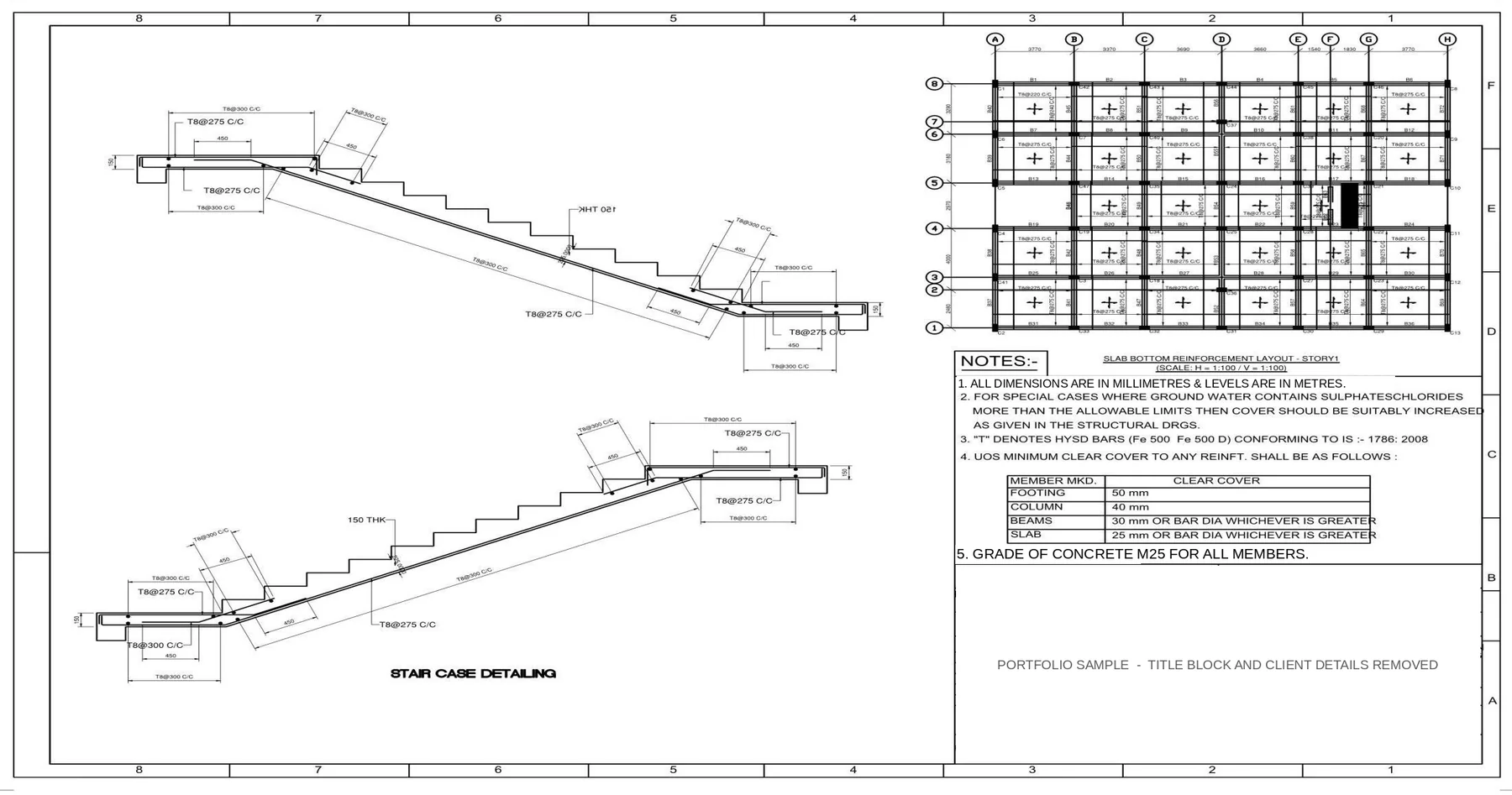 G+3 RCC Apartment Building - Staircase details and slab layout