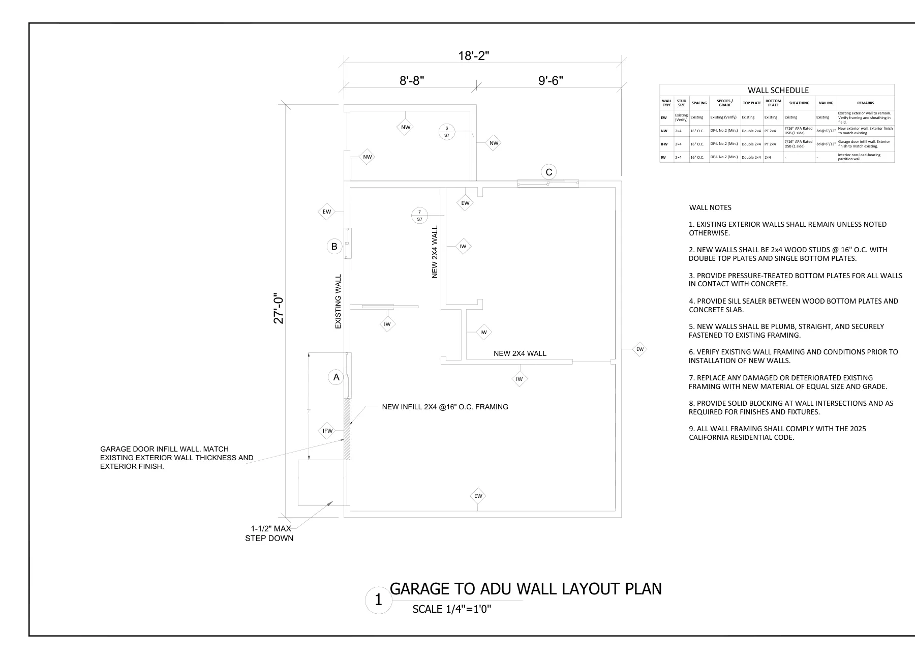 Garage-to-ADU Conversion with Connection Details - Wall layout plan · S-2