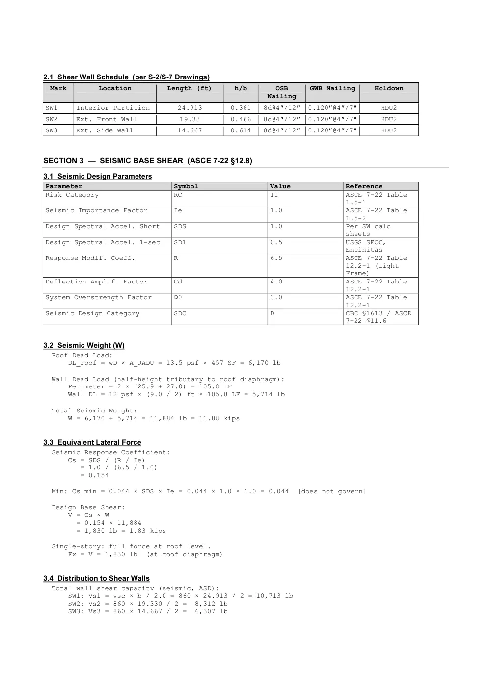 As-Built JADU Permitting - Calculation report · shear wall schedule and seismic design