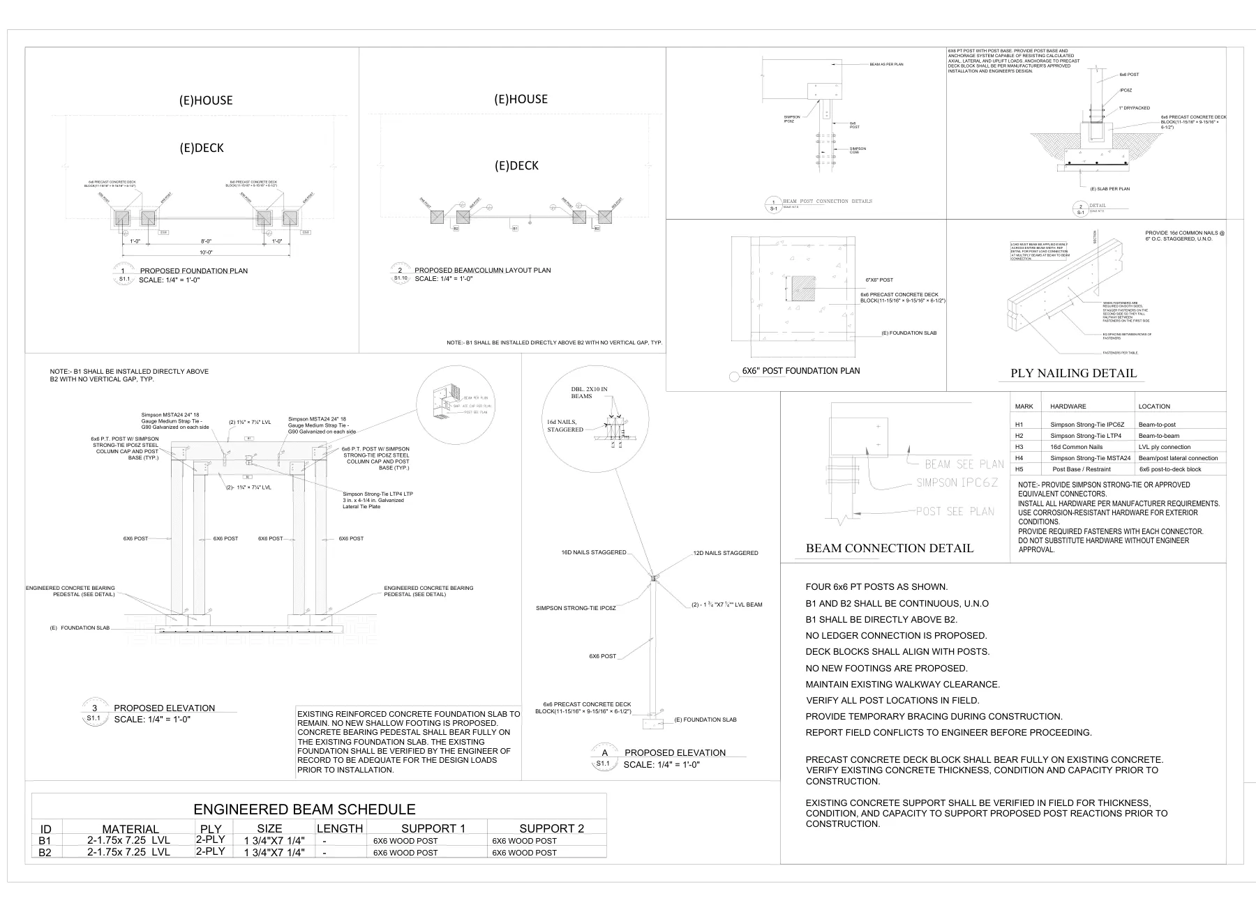 Deck Beam & Post Replacement with LVL - Beam installation, foundation plan and details · S1.1