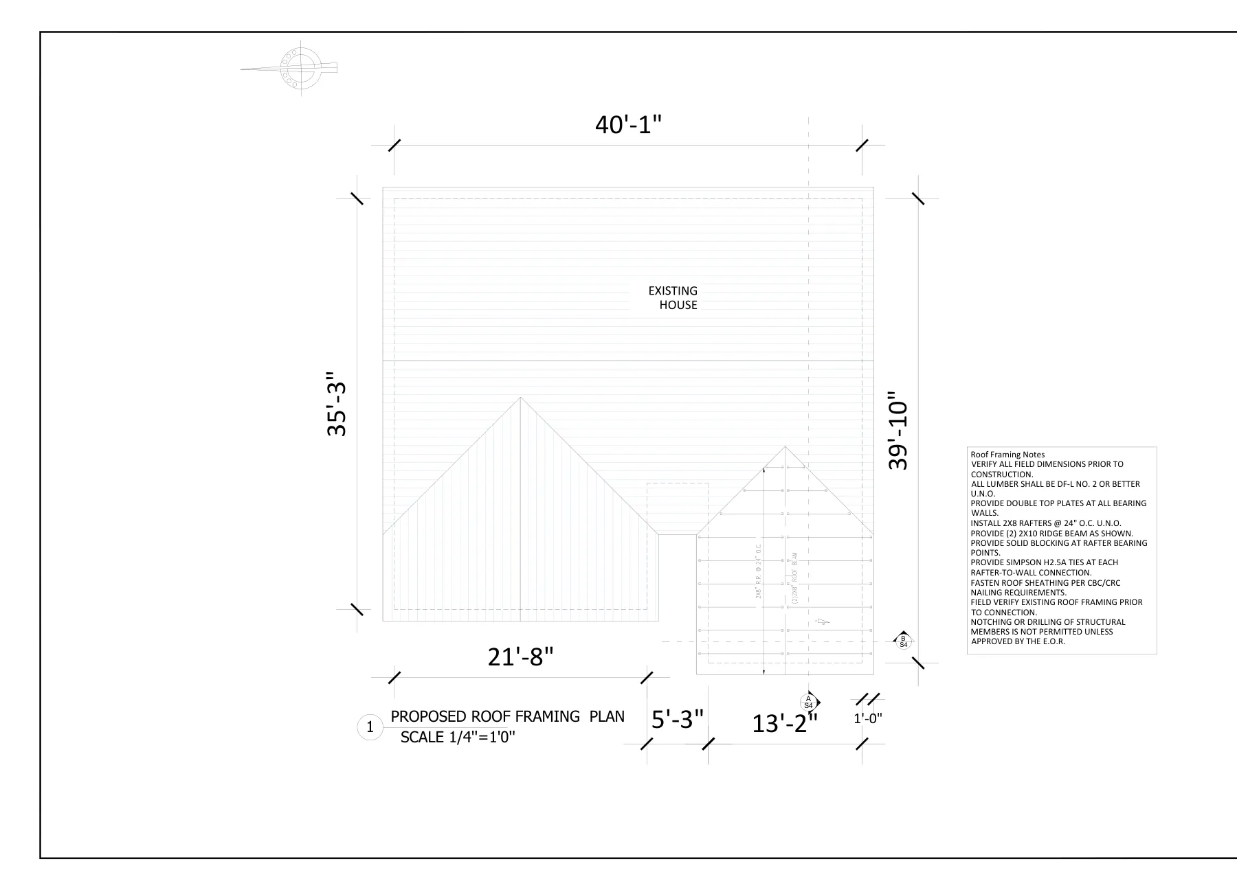 Master Bedroom Addition with CMU Foundation - Roof framing plan · S-3