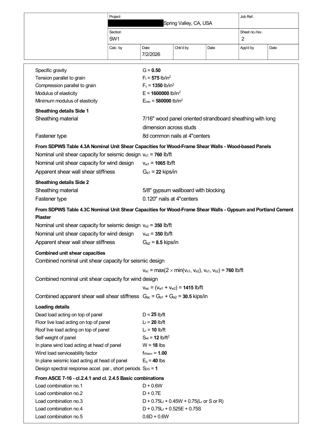 Master Bedroom Addition with CMU Foundation - Calculation sheet · wood shear wall design (Tekla Tedds)
