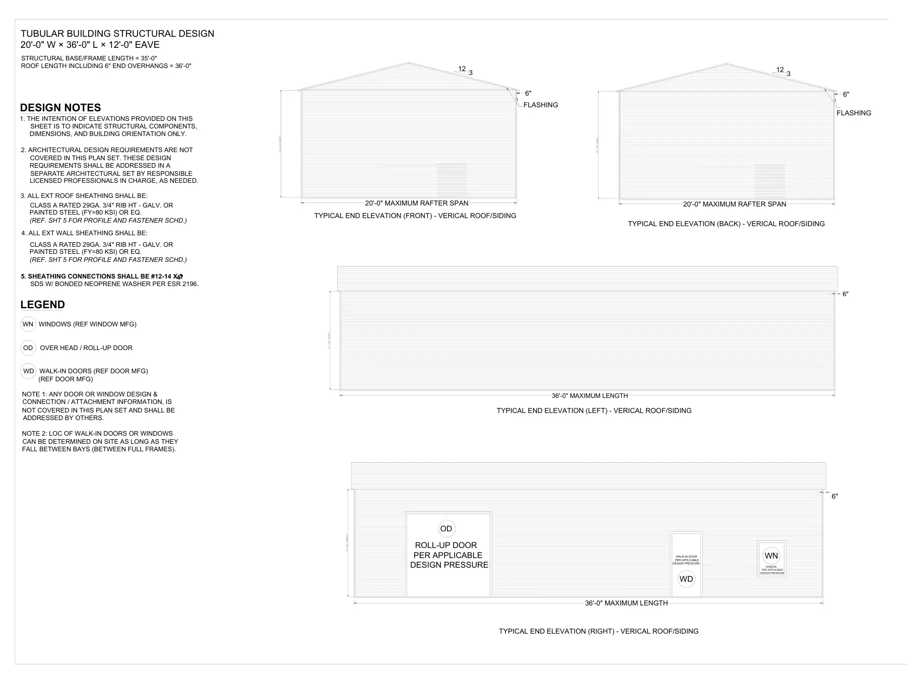 20′ × 36′ Metal Building for 150 mph Wind - Building elevations
