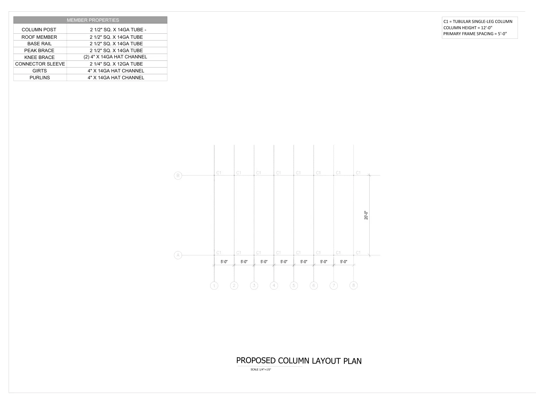 20′ × 36′ Metal Building for 150 mph Wind - Column layout plan