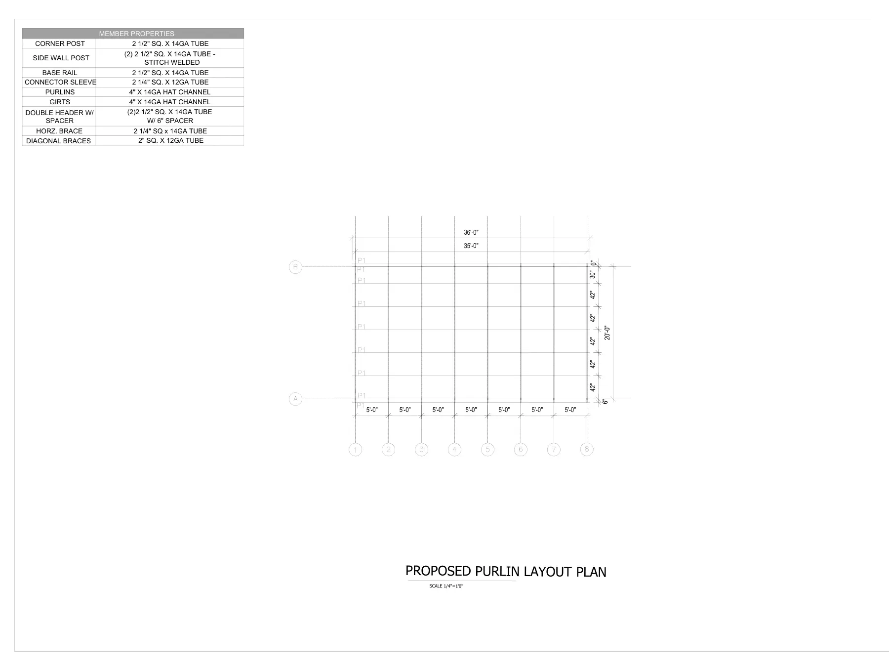 20′ × 36′ Metal Building for 150 mph Wind - Purlin layout plan