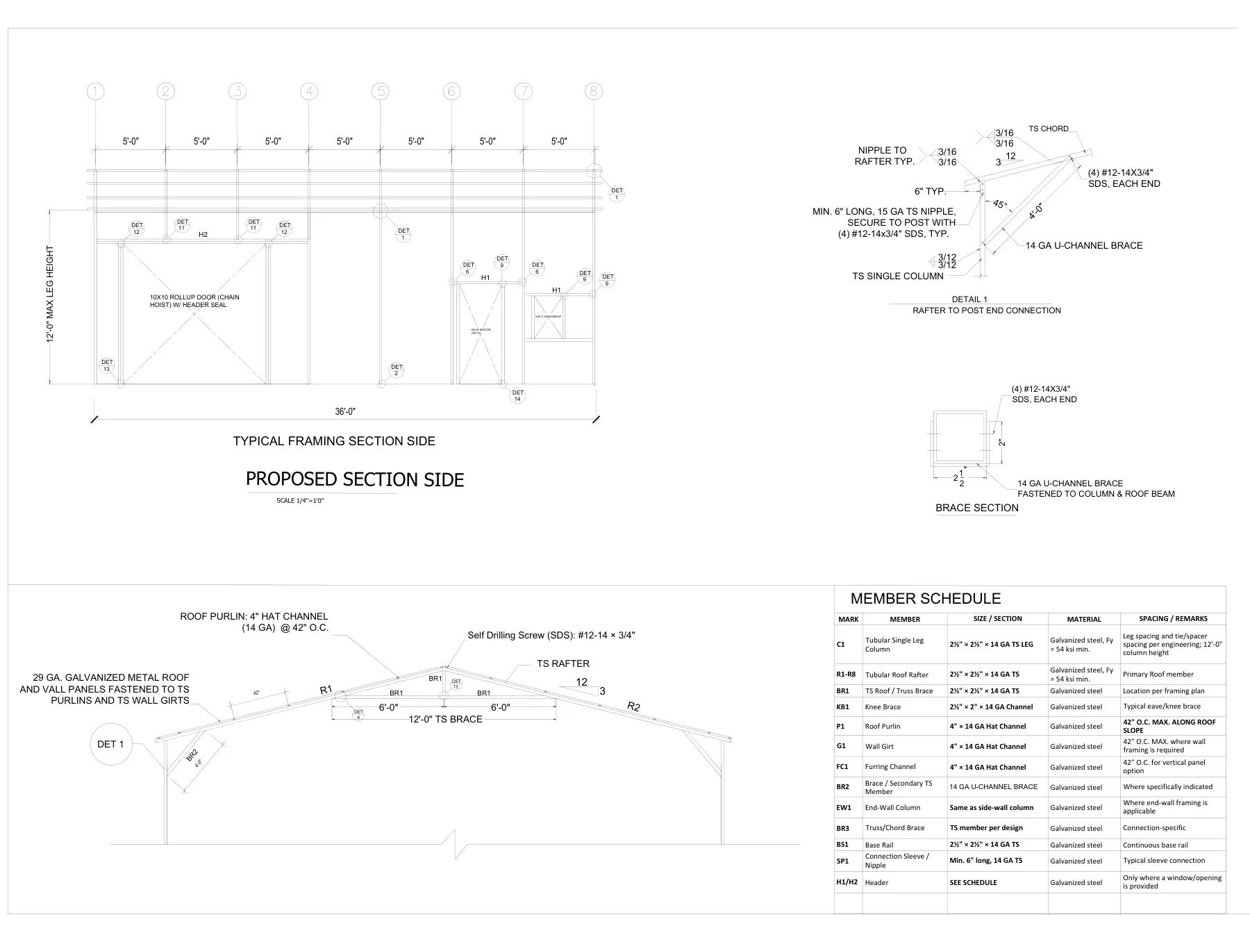 20′ × 36′ Metal Building for 150 mph Wind - Section side and member schedule