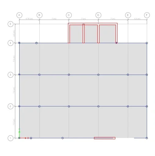 Multi-Storey RC Frame with Shear Walls — 3D Model - Typical floor plan and grid