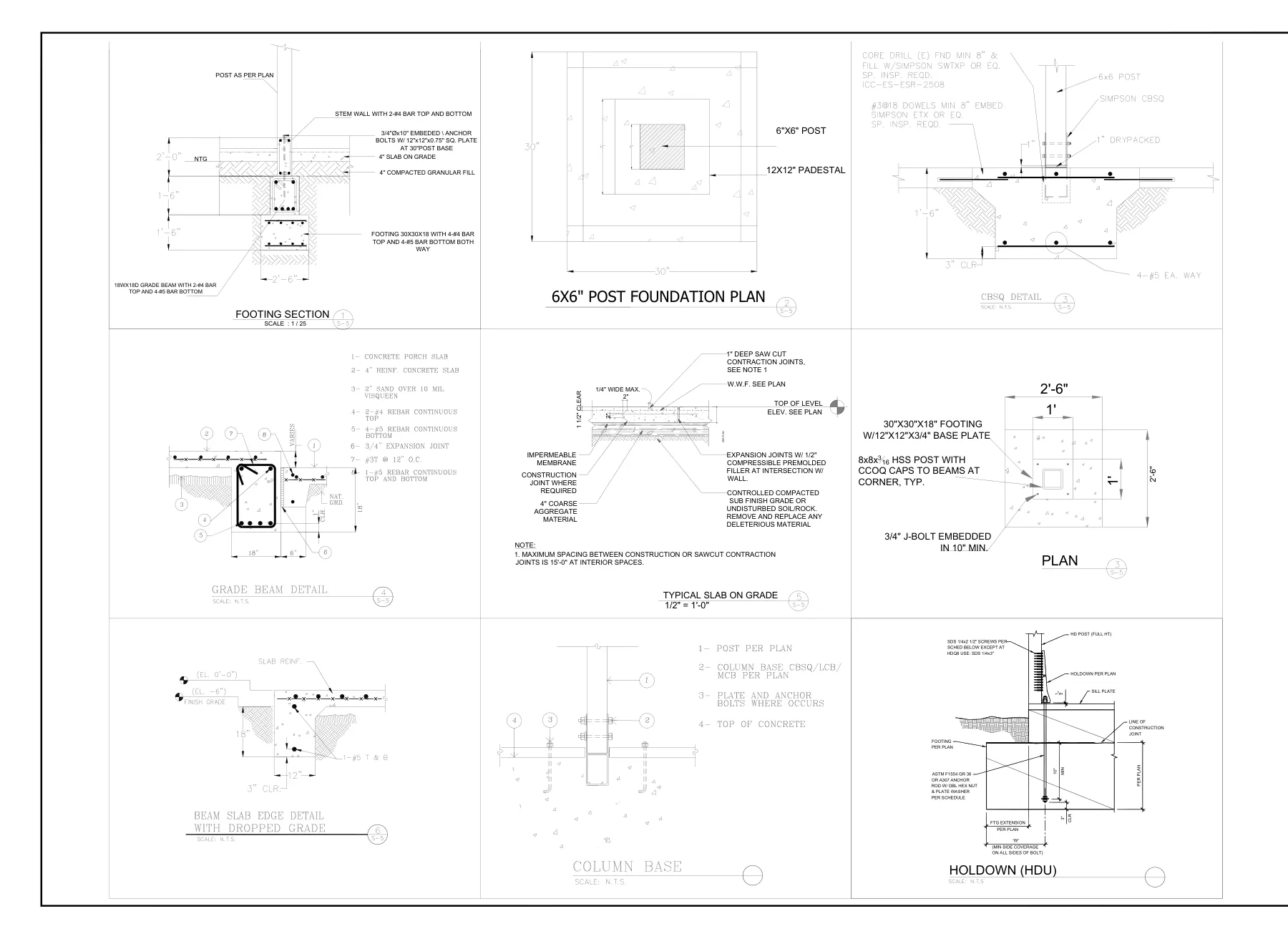 Open-Air Pavilion on HSS Posts - Footing and post-base details · S-5