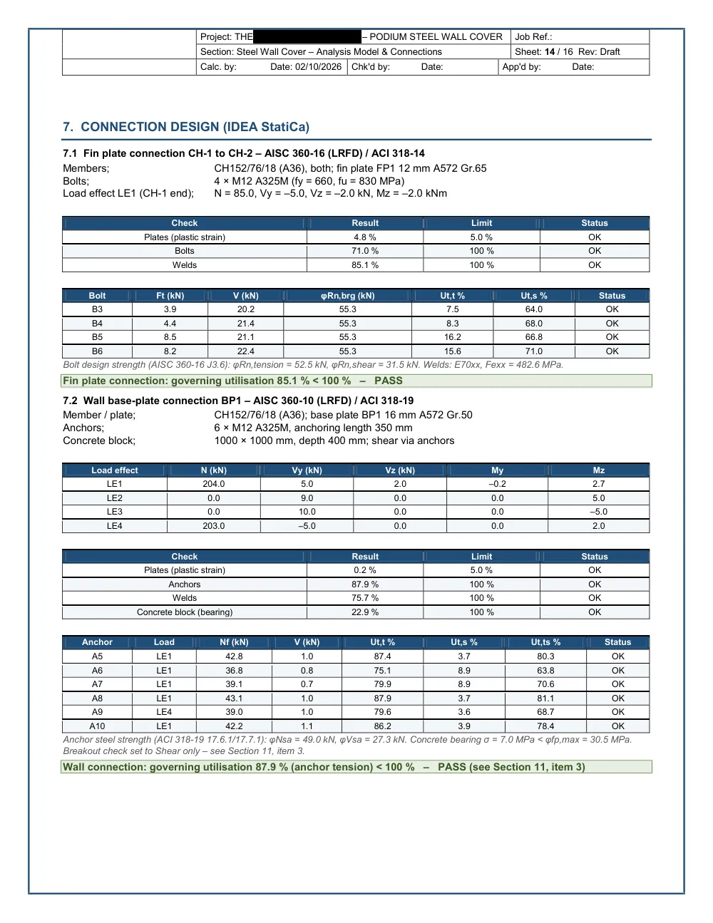Podium Steel Wall Cover — Analysis & Connection Design - Connection design summary (AISC 360)