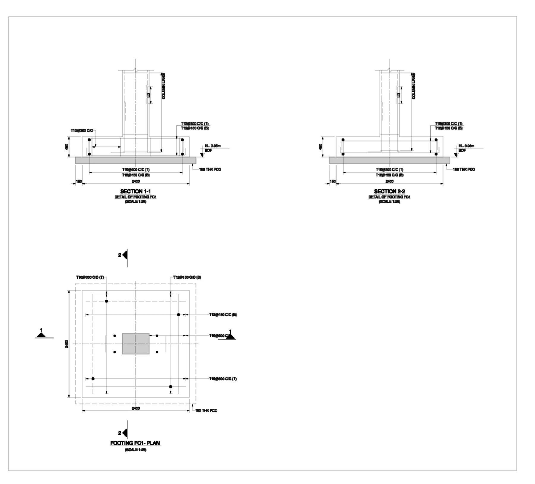 RCC Framed Structure — Columns, Beams, Slab & Footings - Footing FC1 — plan and sections