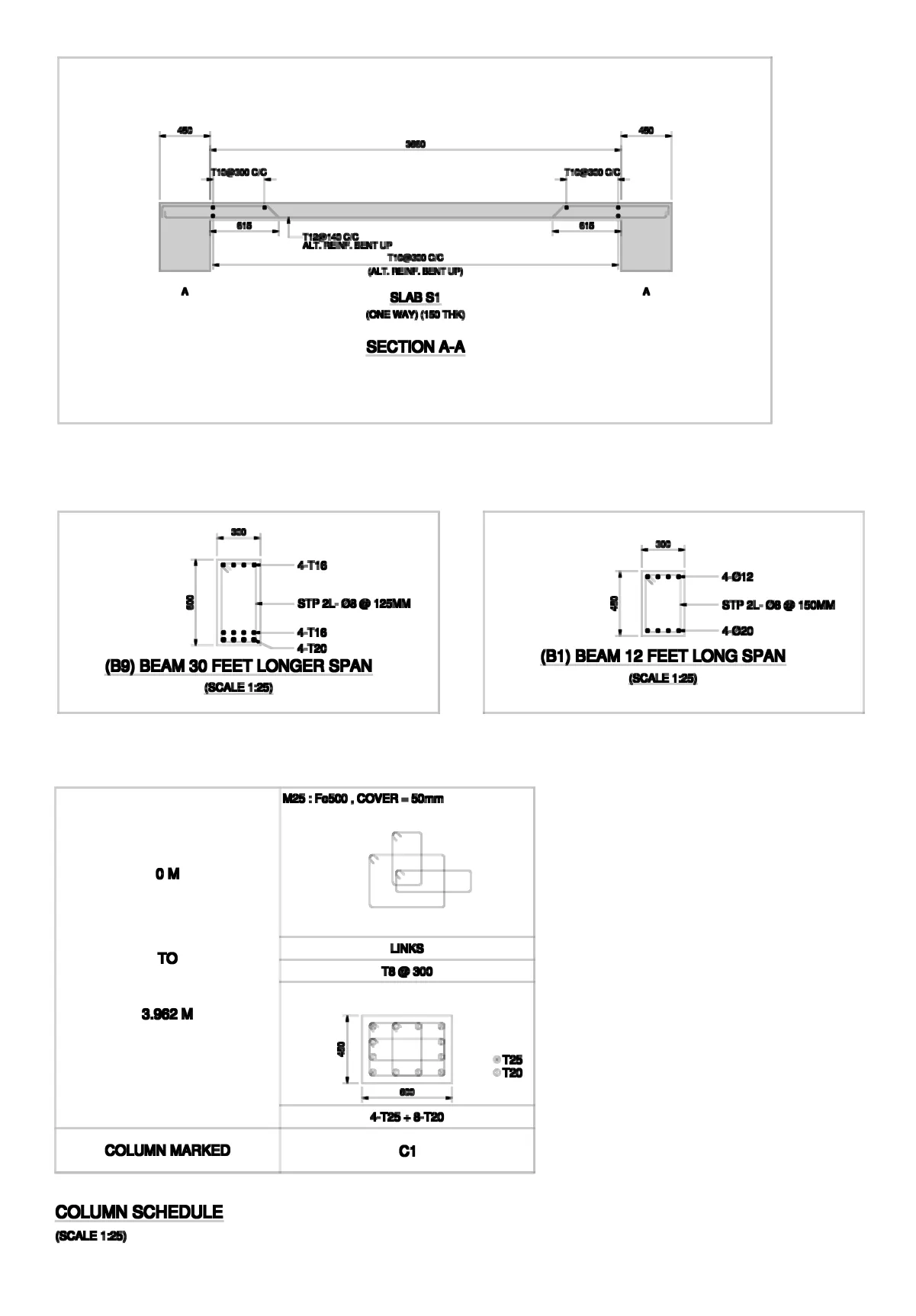 RCC Framed Structure — Columns, Beams, Slab & Footings - Column schedule, beam sections and one-way slab S1