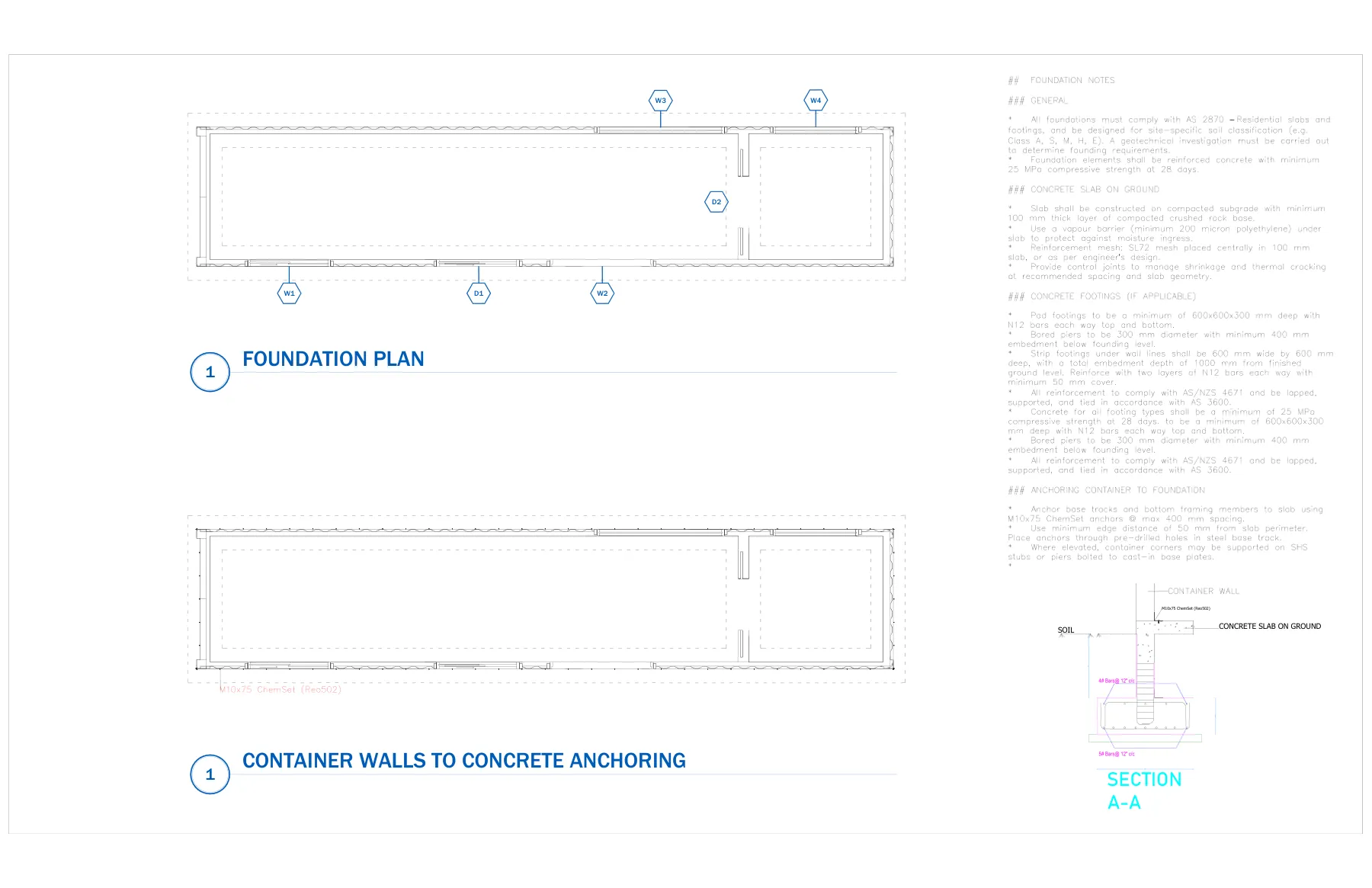 Shipping-Container House - Foundation plan, section and container-to-concrete anchoring