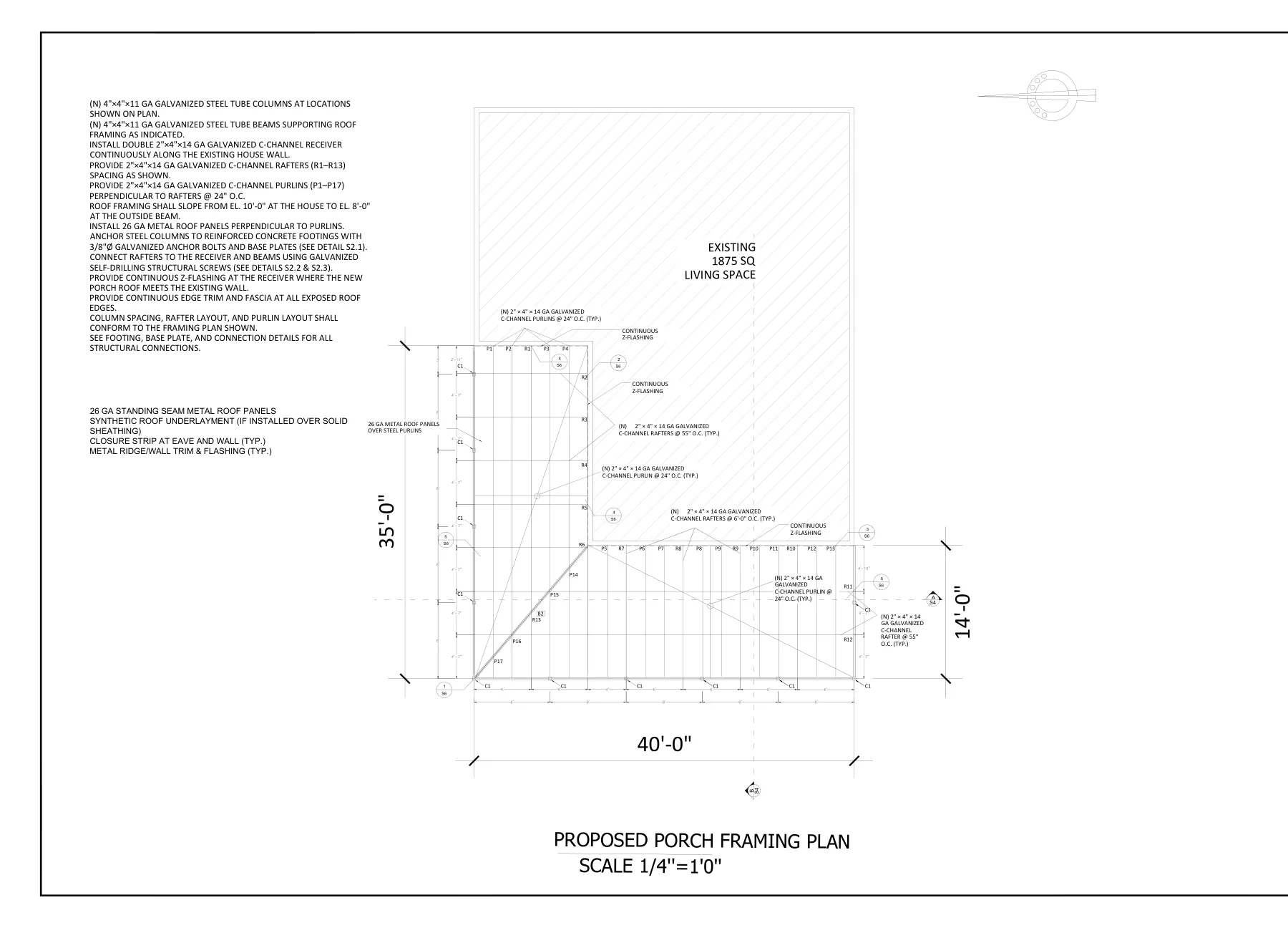 Steel Porch with Standing-Seam Metal Roof - Porch framing plan