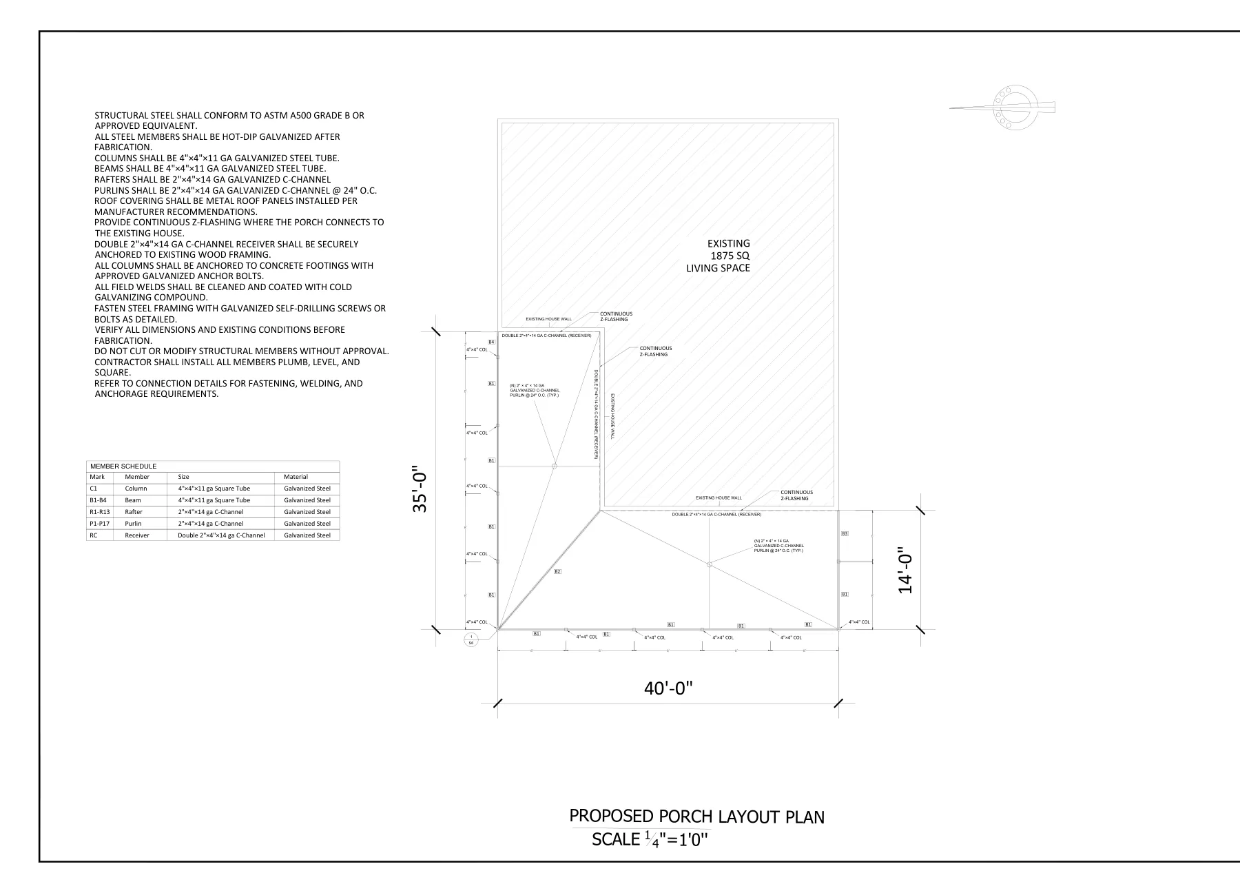 Steel Porch with Standing-Seam Metal Roof - Porch layout plan