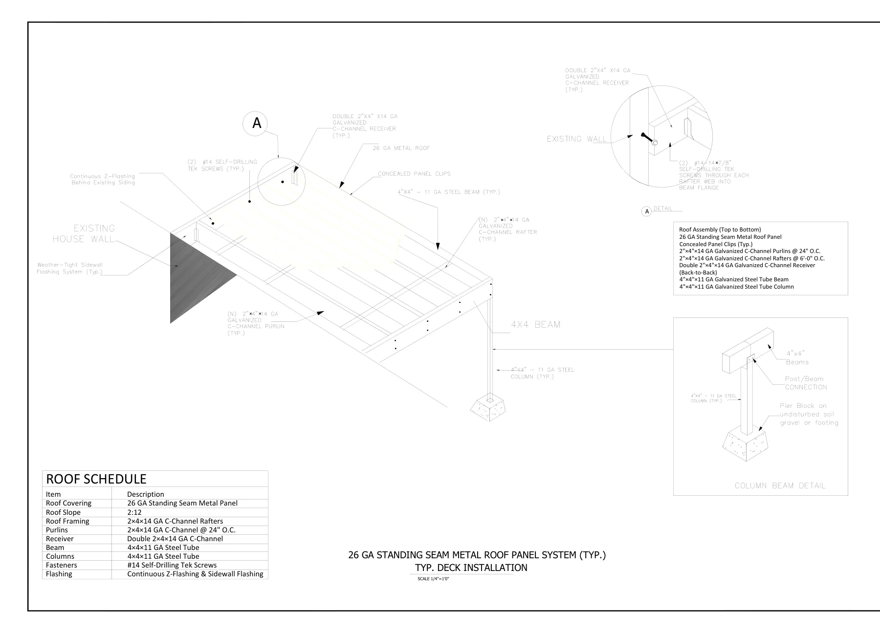 Steel Porch with Standing-Seam Metal Roof - Roof system isometric