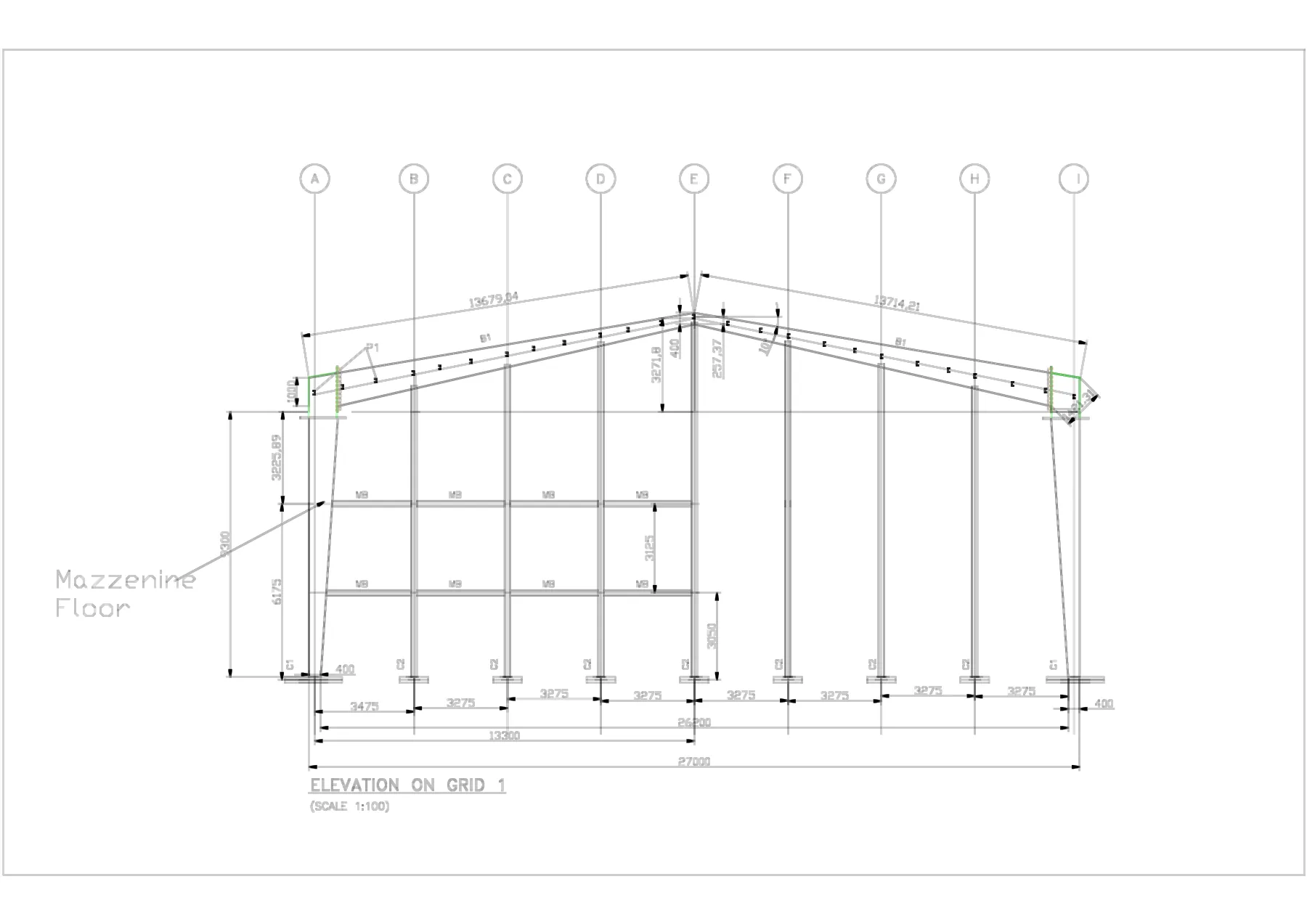 Pre-Engineered Steel Building with Mezzanine Floors - Elevation on grid 1 — portal frame with mezzanine