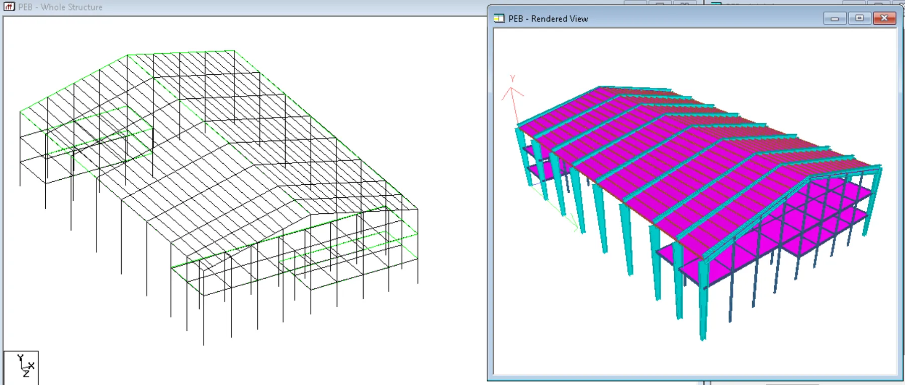 Pre-Engineered Steel Building with Mezzanine Floors - STAAD.Pro 3D model — wireframe and rendered views