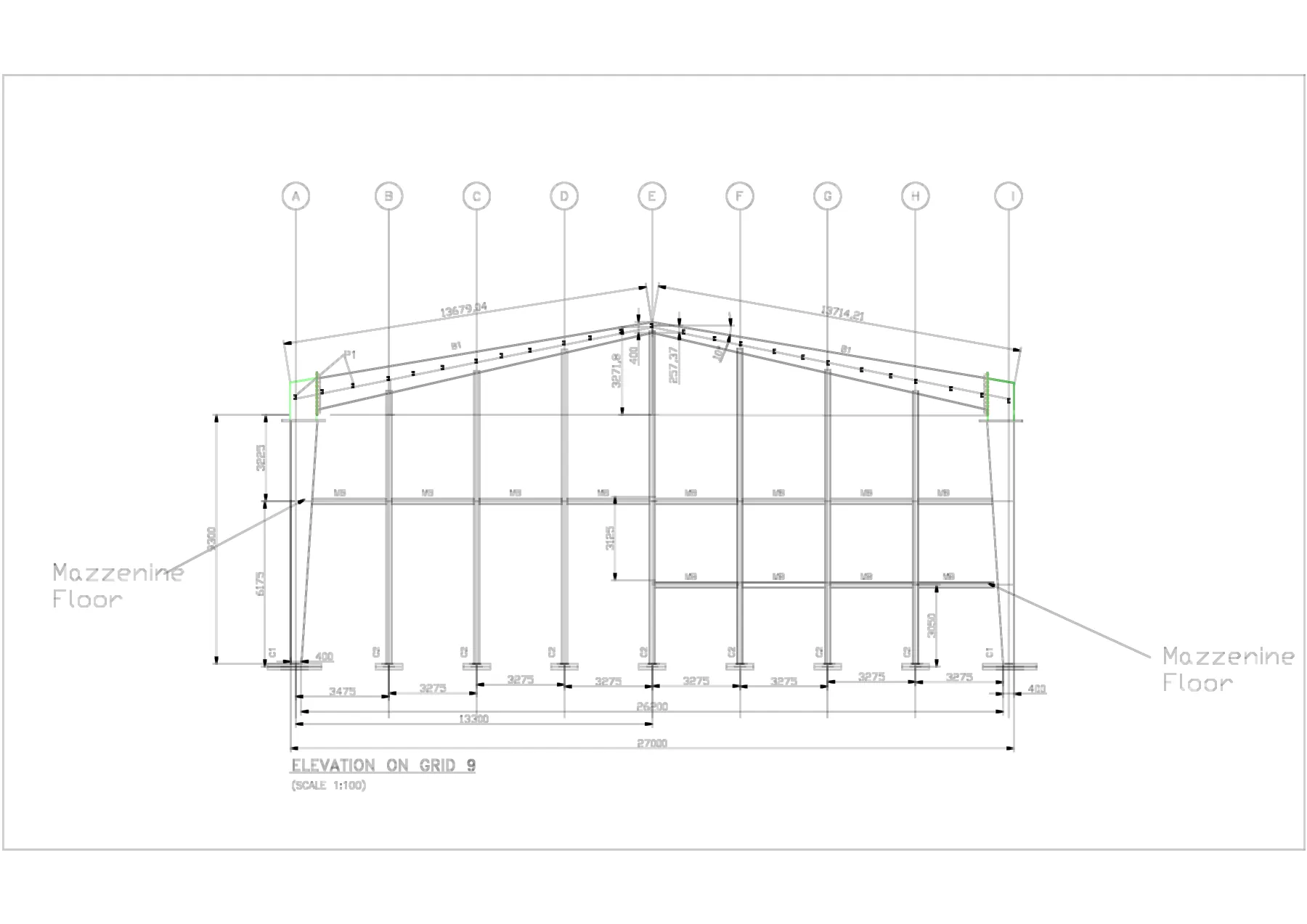 Pre-Engineered Steel Building with Mezzanine Floors - Elevation on grid B