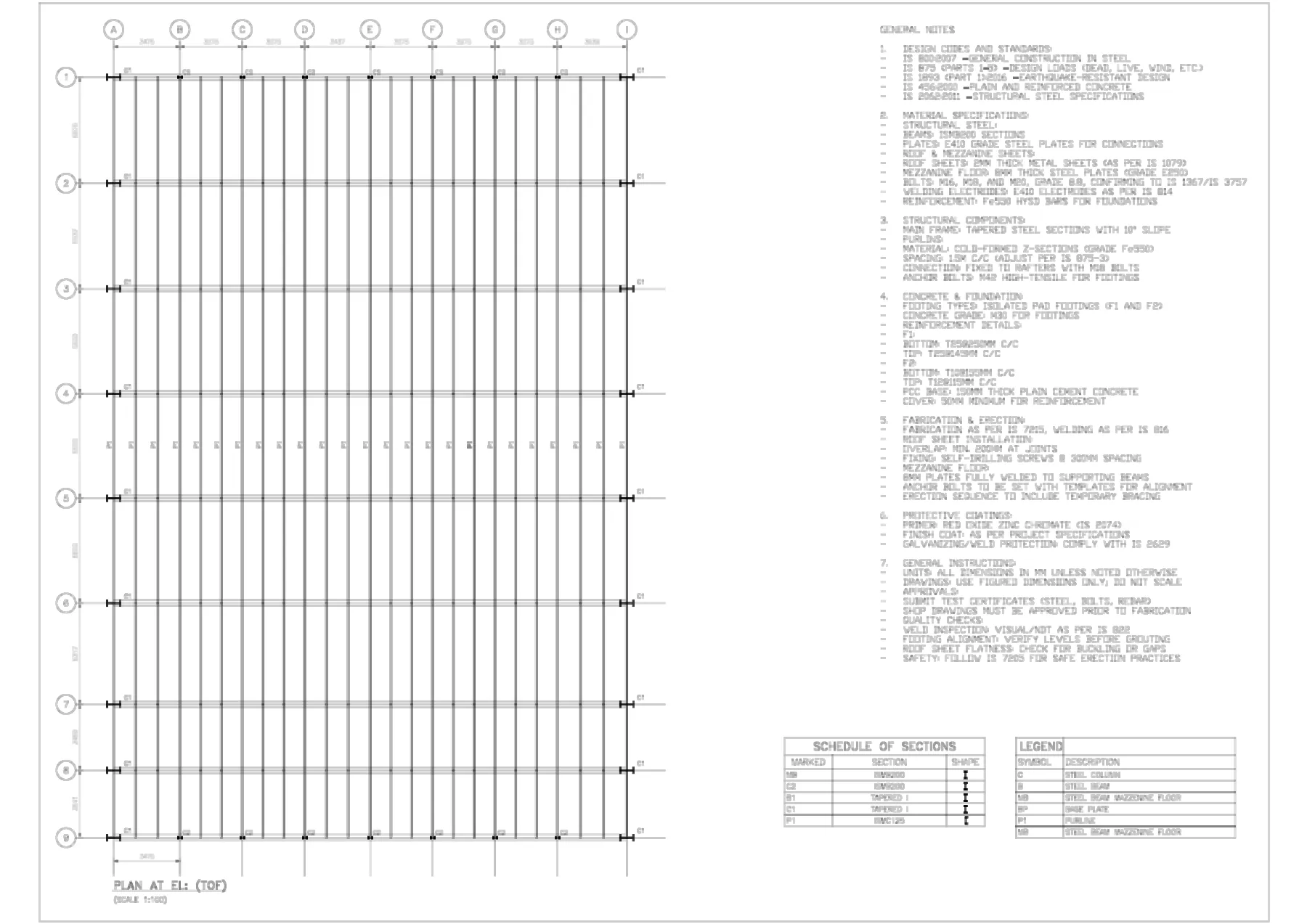 Pre-Engineered Steel Building with Mezzanine Floors - Roof plan and general notes