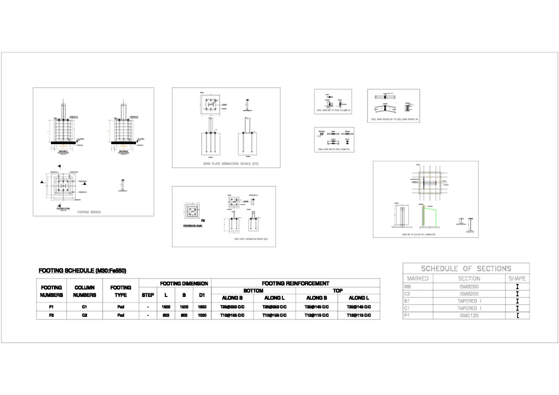 Pre-Engineered Steel Building with Mezzanine Floors - Base plate and connection details, footing schedule