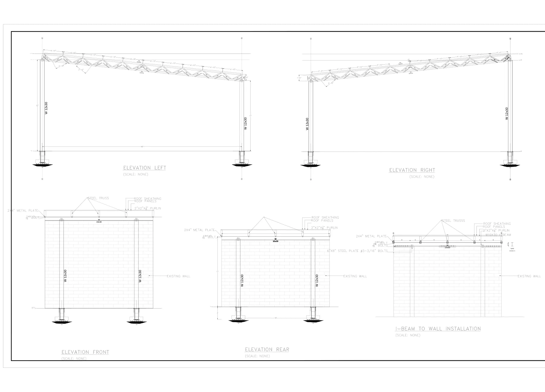 Steel Truss Canopy on Wide-Flange Columns - Elevations and I-beam-to-wall installation · S-2