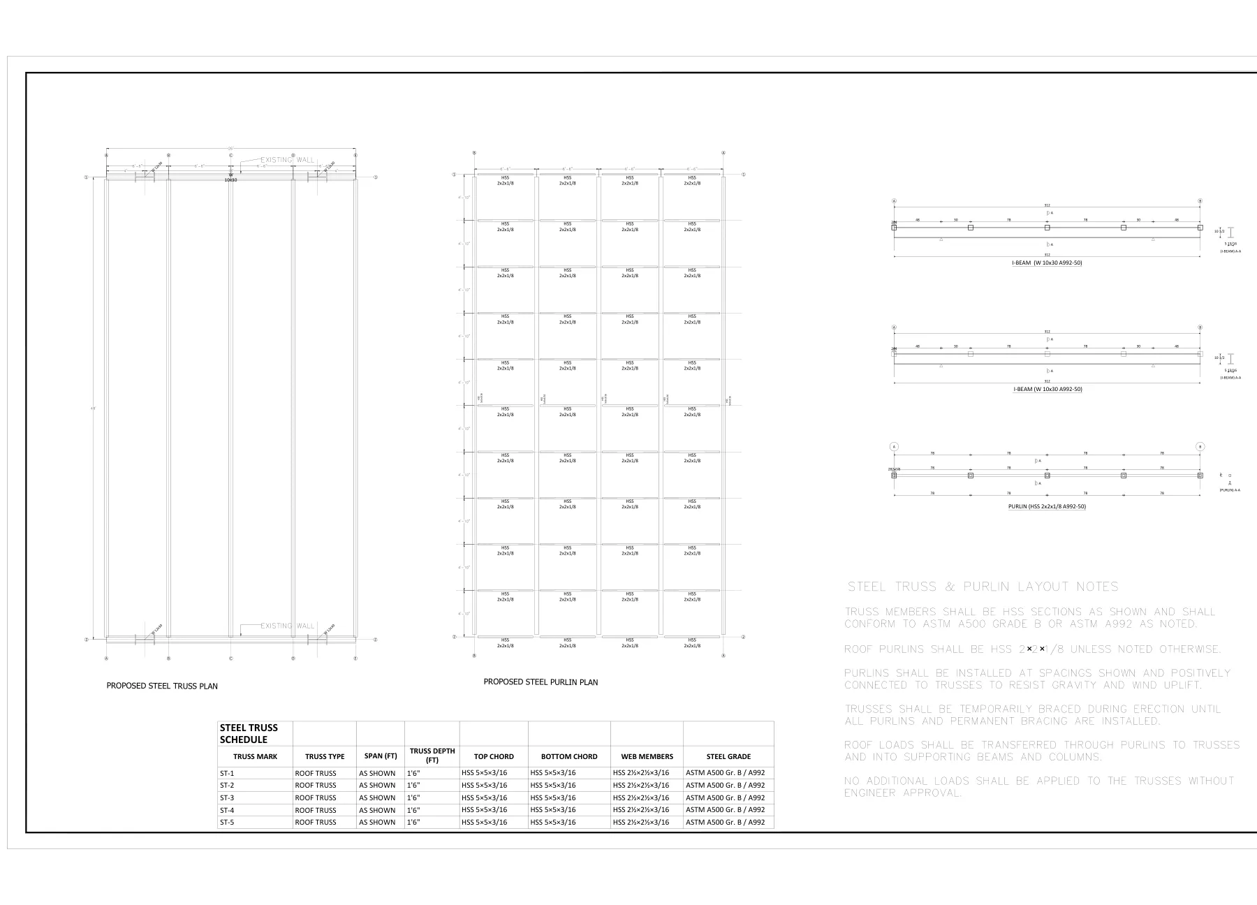 Steel Truss Canopy on Wide-Flange Columns - Truss, beam and purlin layout · S-3