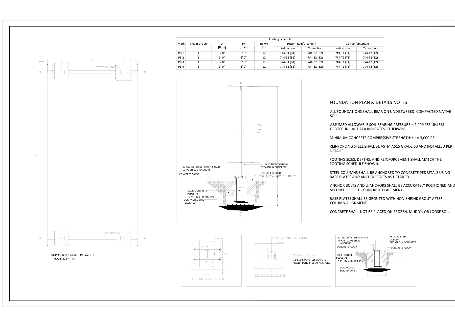 Steel Truss Canopy on Wide-Flange Columns - Foundation plan and footing schedule · S-4
