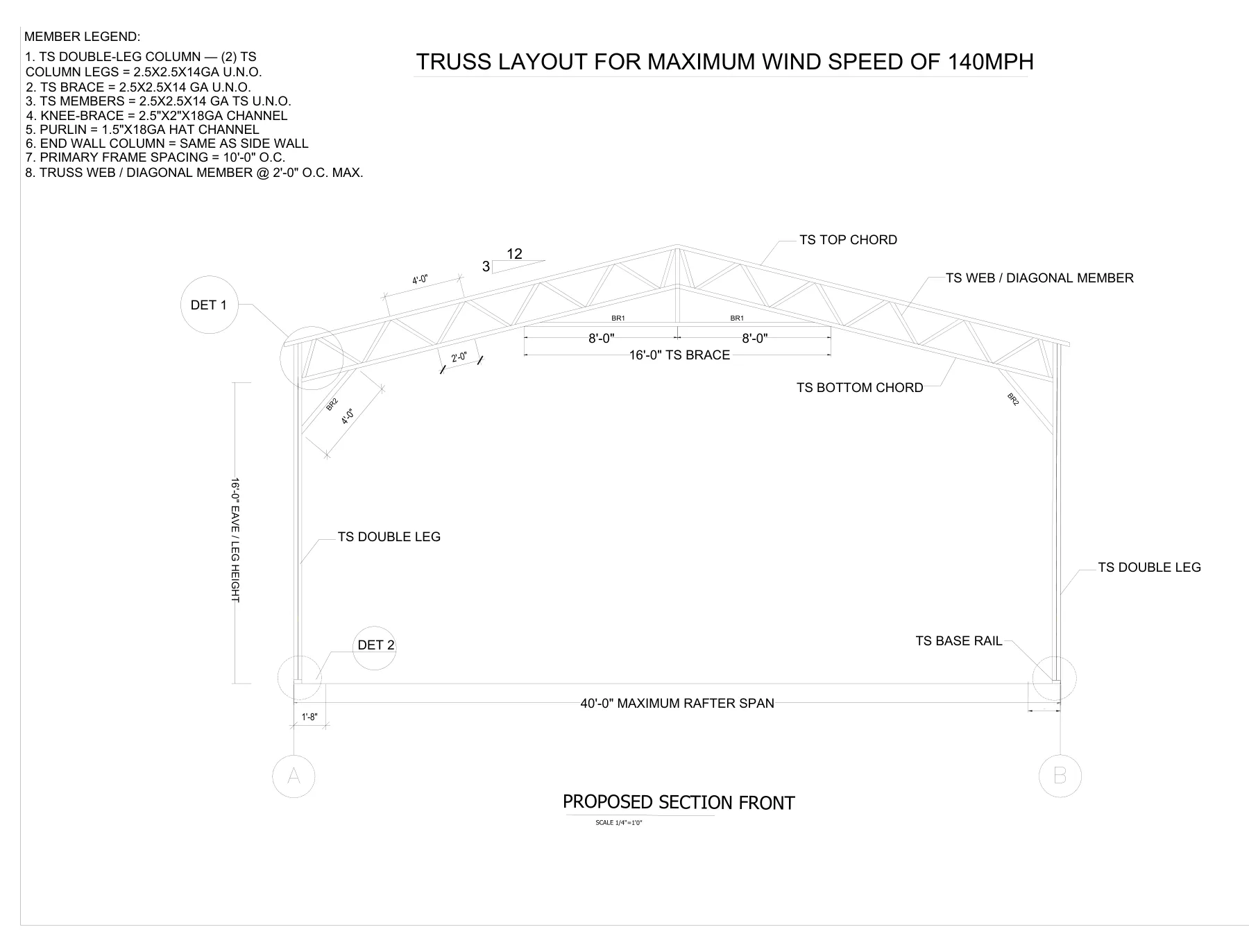 40′ × 60′ Fully Enclosed Steel Tubular Building - Truss layout and section front · S7