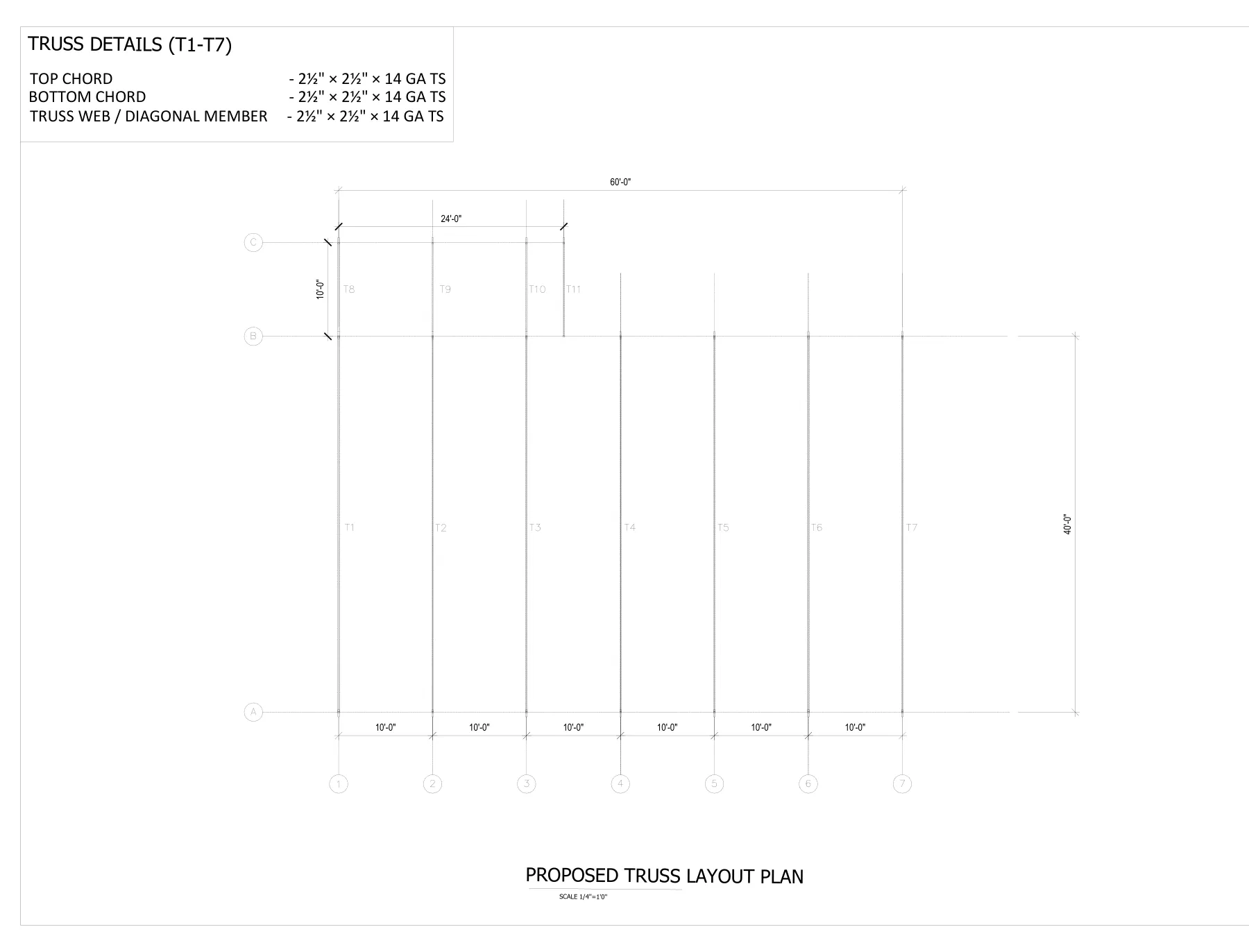 40′ × 60′ Fully Enclosed Steel Tubular Building - Truss layout plan · S5