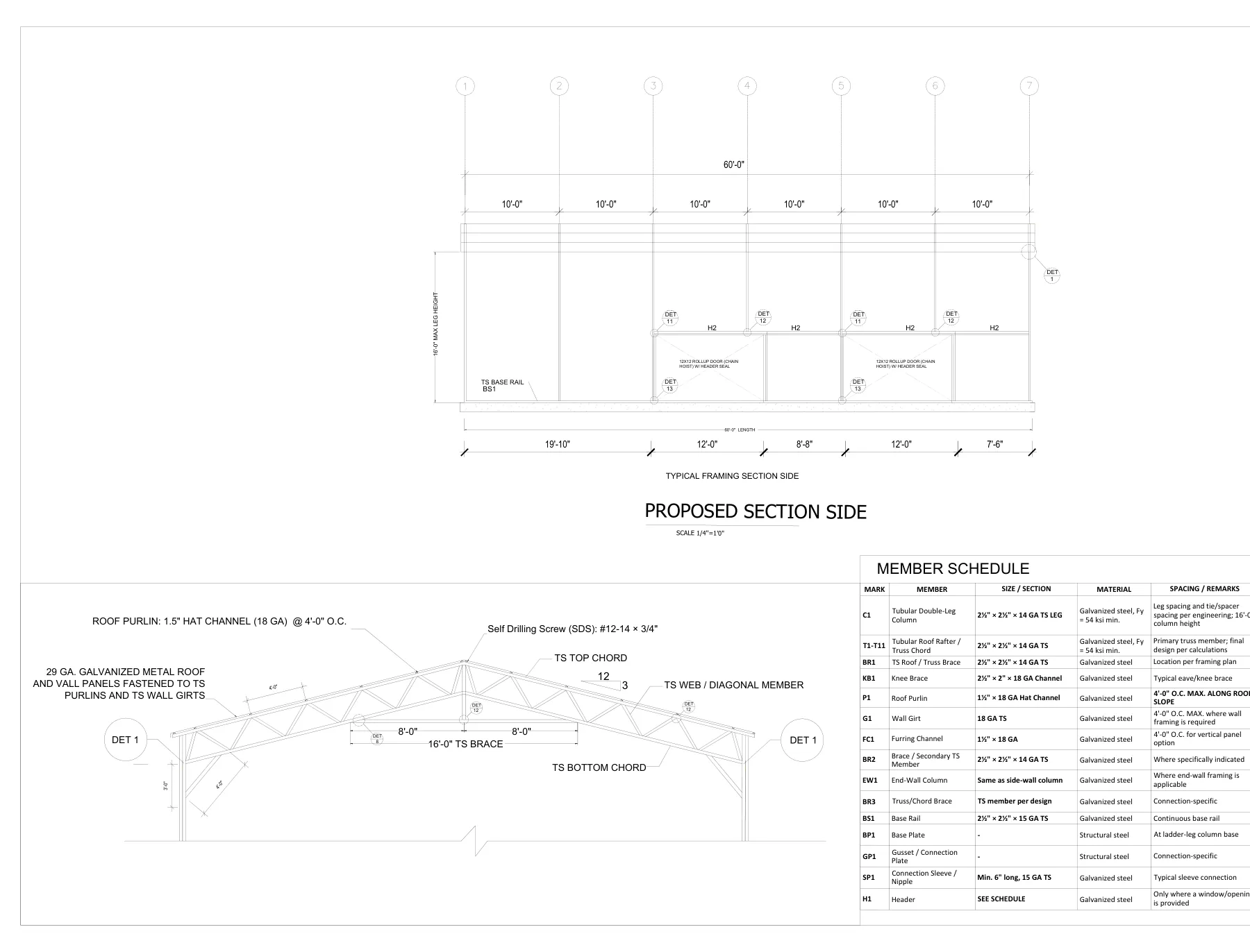 40′ × 60′ Fully Enclosed Steel Tubular Building - Section side and member schedule · S8