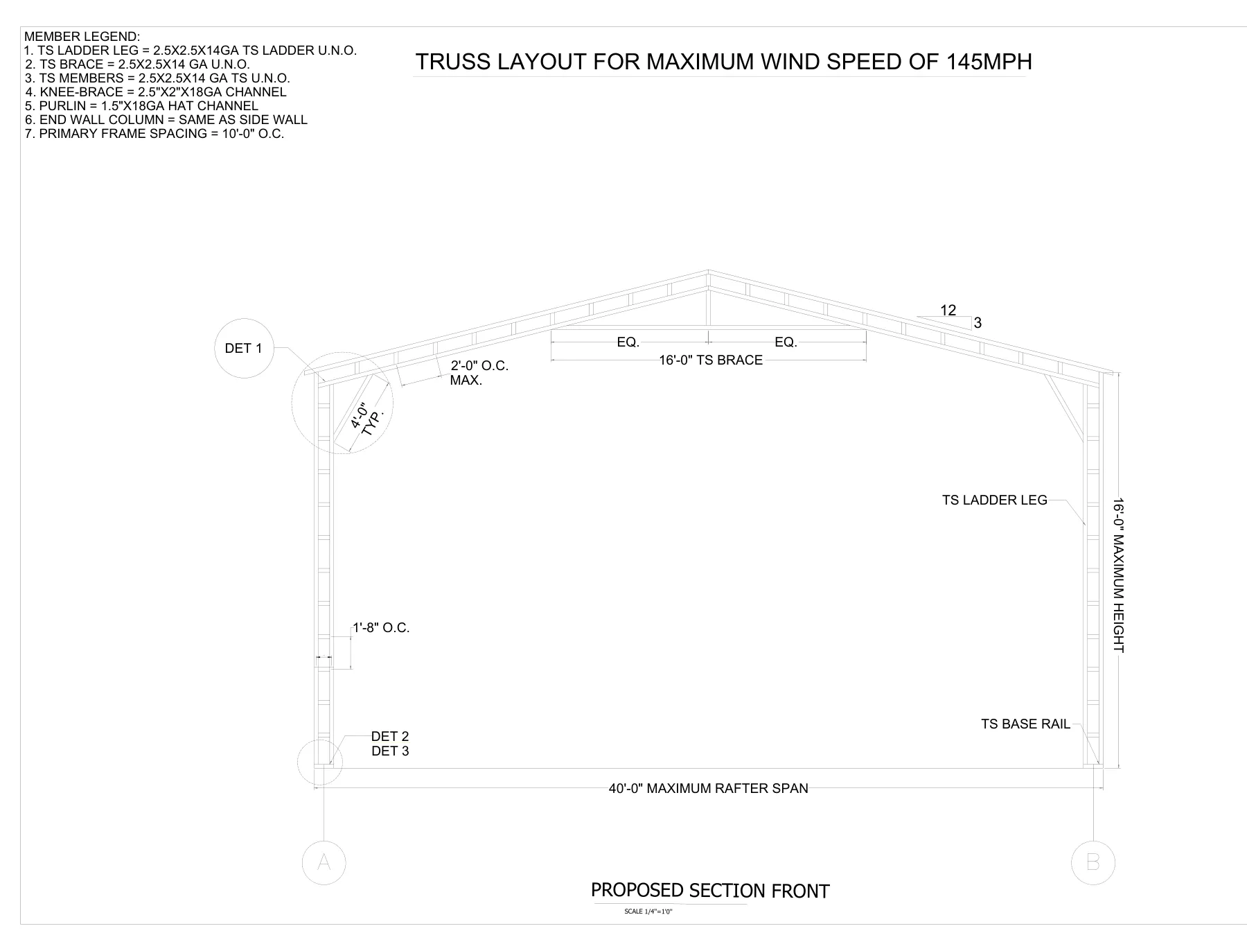 40′ × 80′ Steel Tubular Carport Building - Truss layout and section front · S7