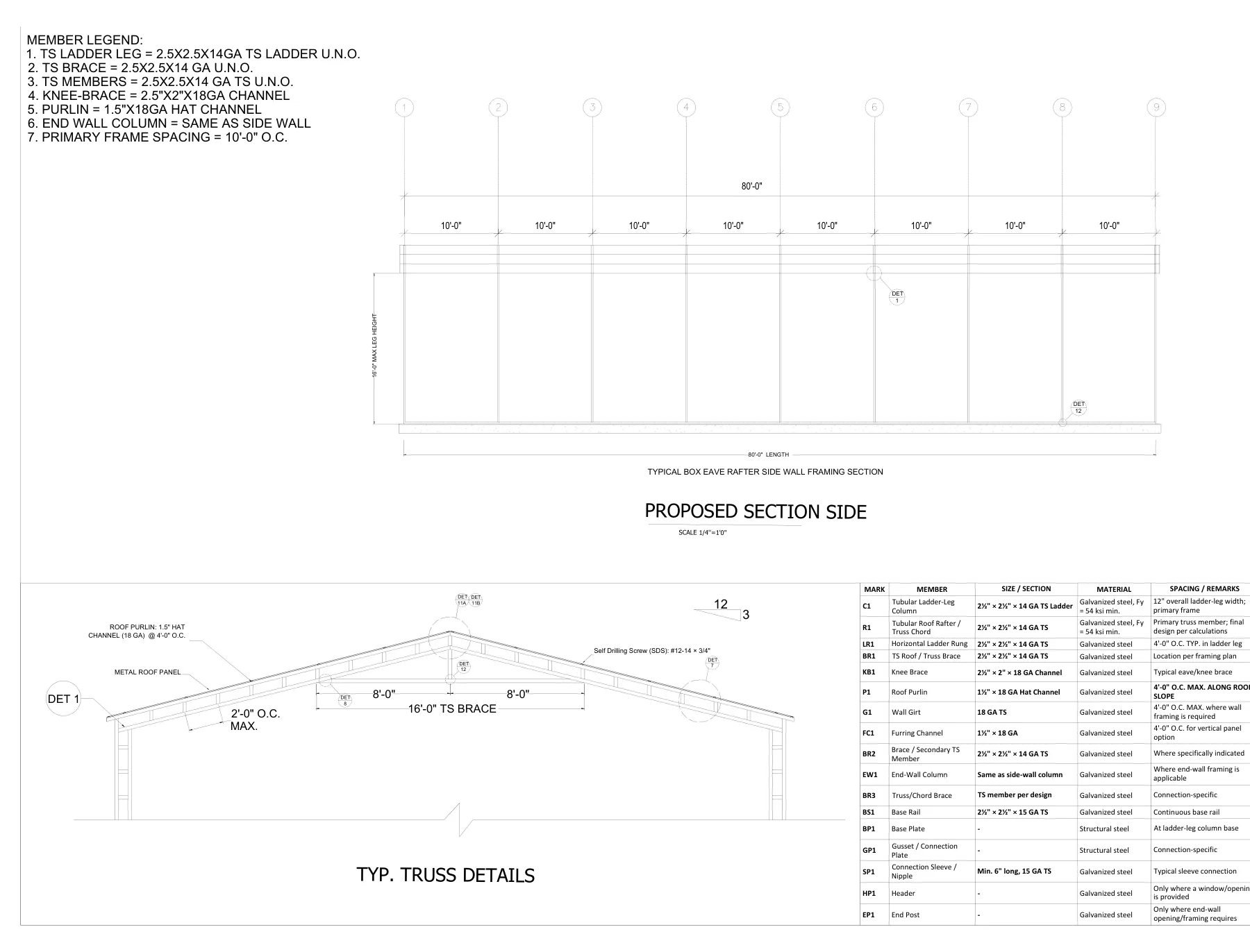 40′ × 80′ Steel Tubular Carport Building - Section side and typical truss details · S8