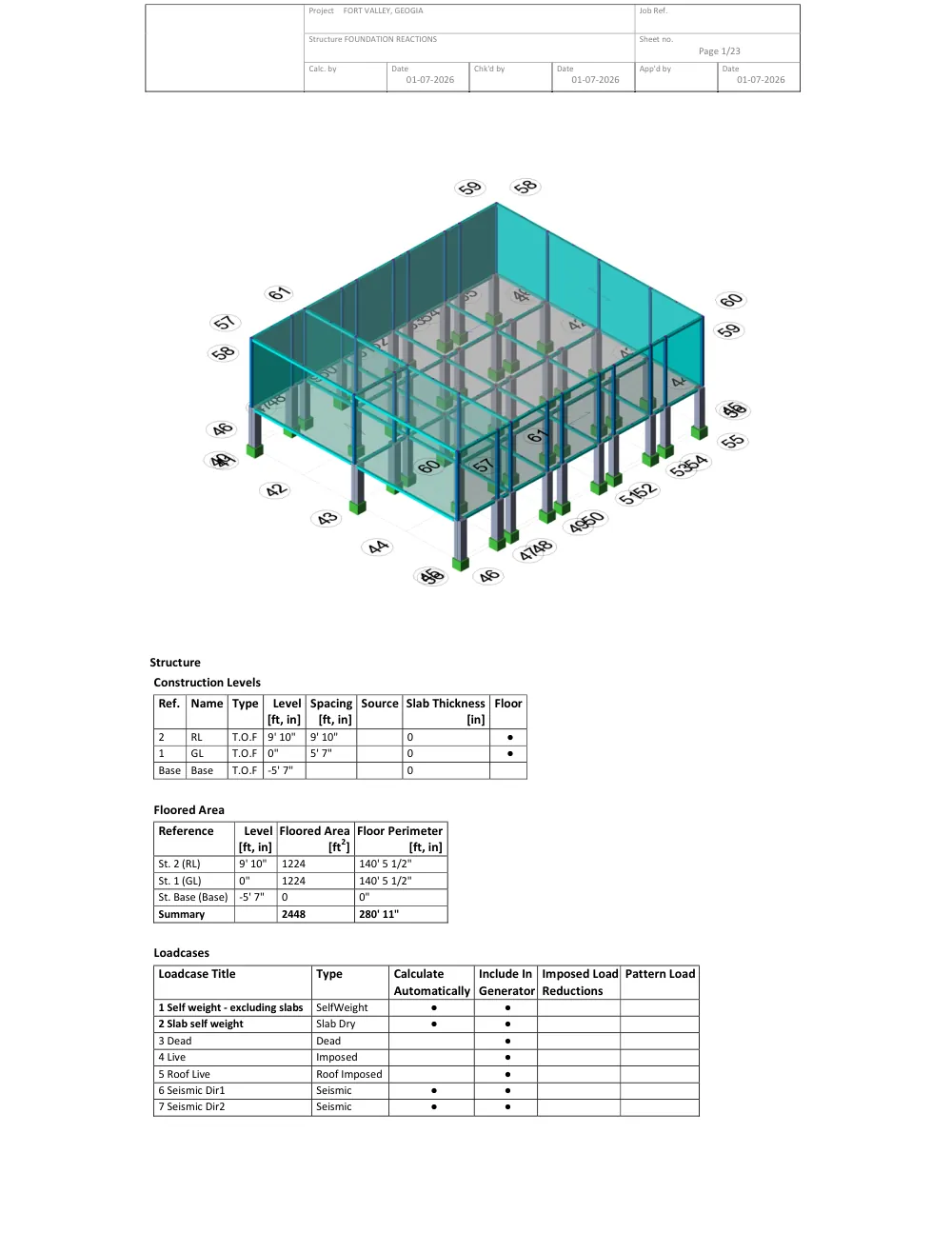 Two-Level Framed Structure — Analysis & Foundations - Tekla Structural Designer 3D model and levels