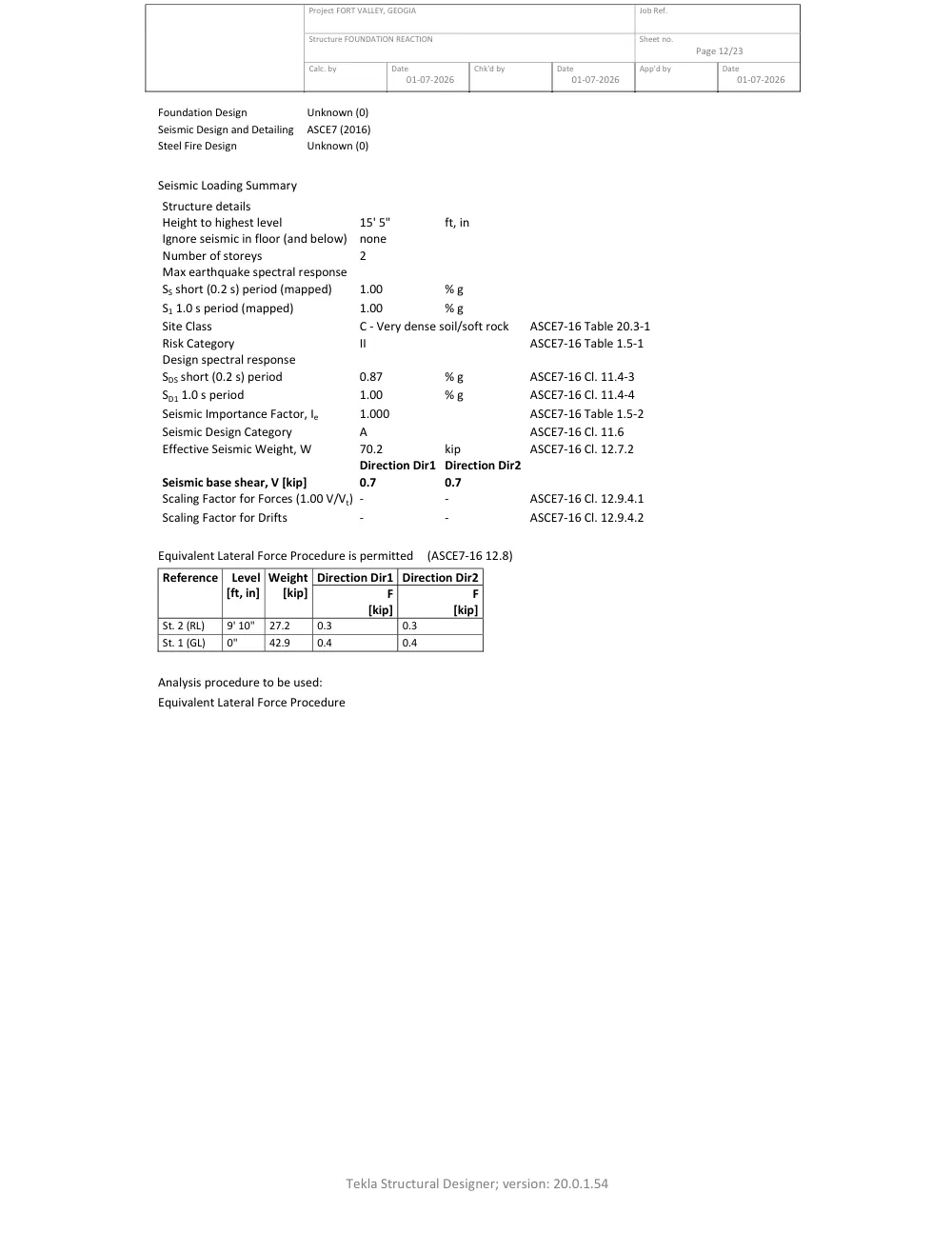 Two-Level Framed Structure — Analysis & Foundations - Seismic loading summary (ASCE 7-16)